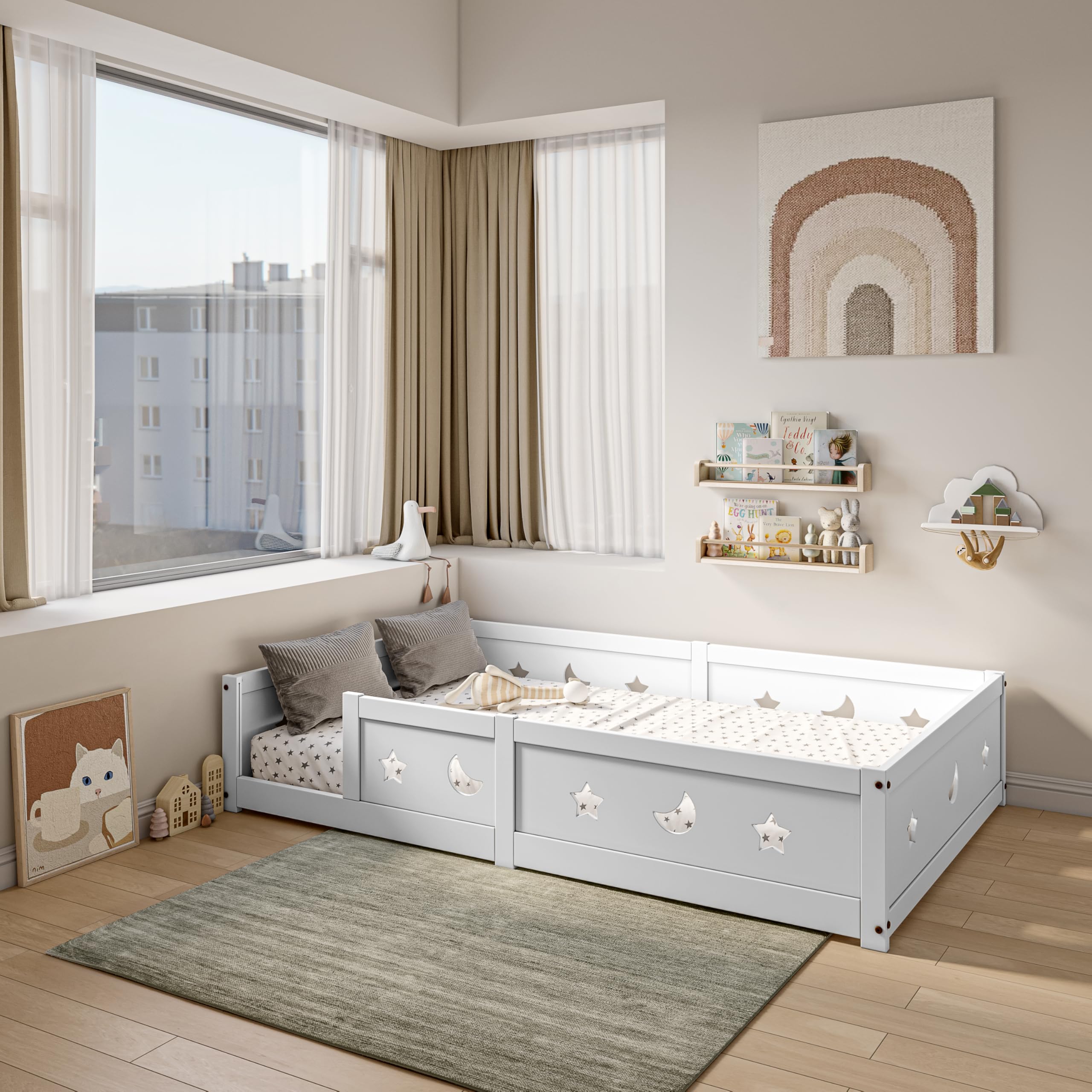 Bodenbett 90x200 cm, bis 300 kg belastbar,Montessori Kinderbett aus Kiefer Massivholz mit Rausfallschutz,Kids Bed 90x200 mit Sternen und Mond,Weiß