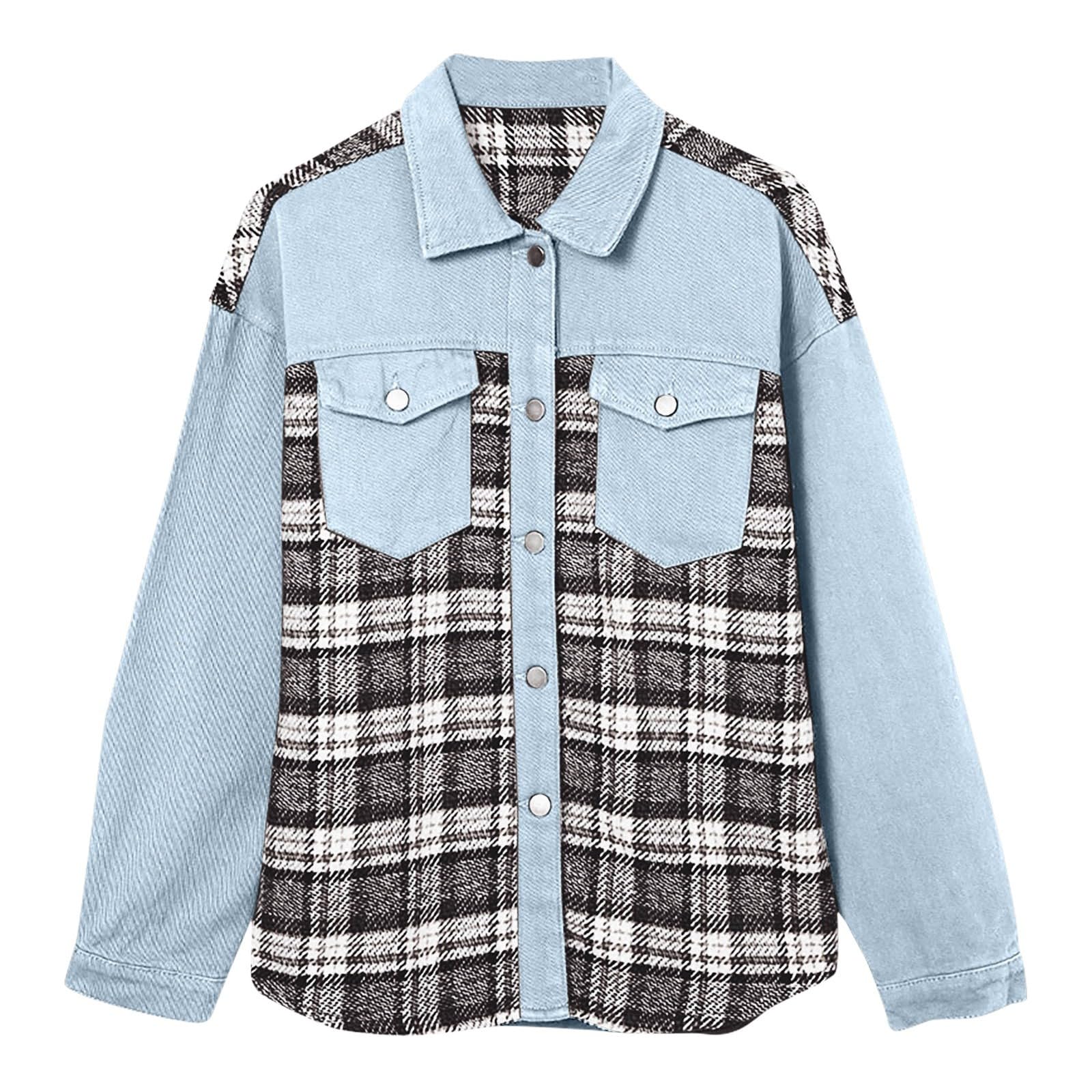Ansenesna Jeansjacke Damen Winter Karierte Winterjacke Damen Jeans Hemdjacke Frauen Kariert Damen-Jacken Denim Mit Knöpfen Jacke Mantel Langarm Damenmantel