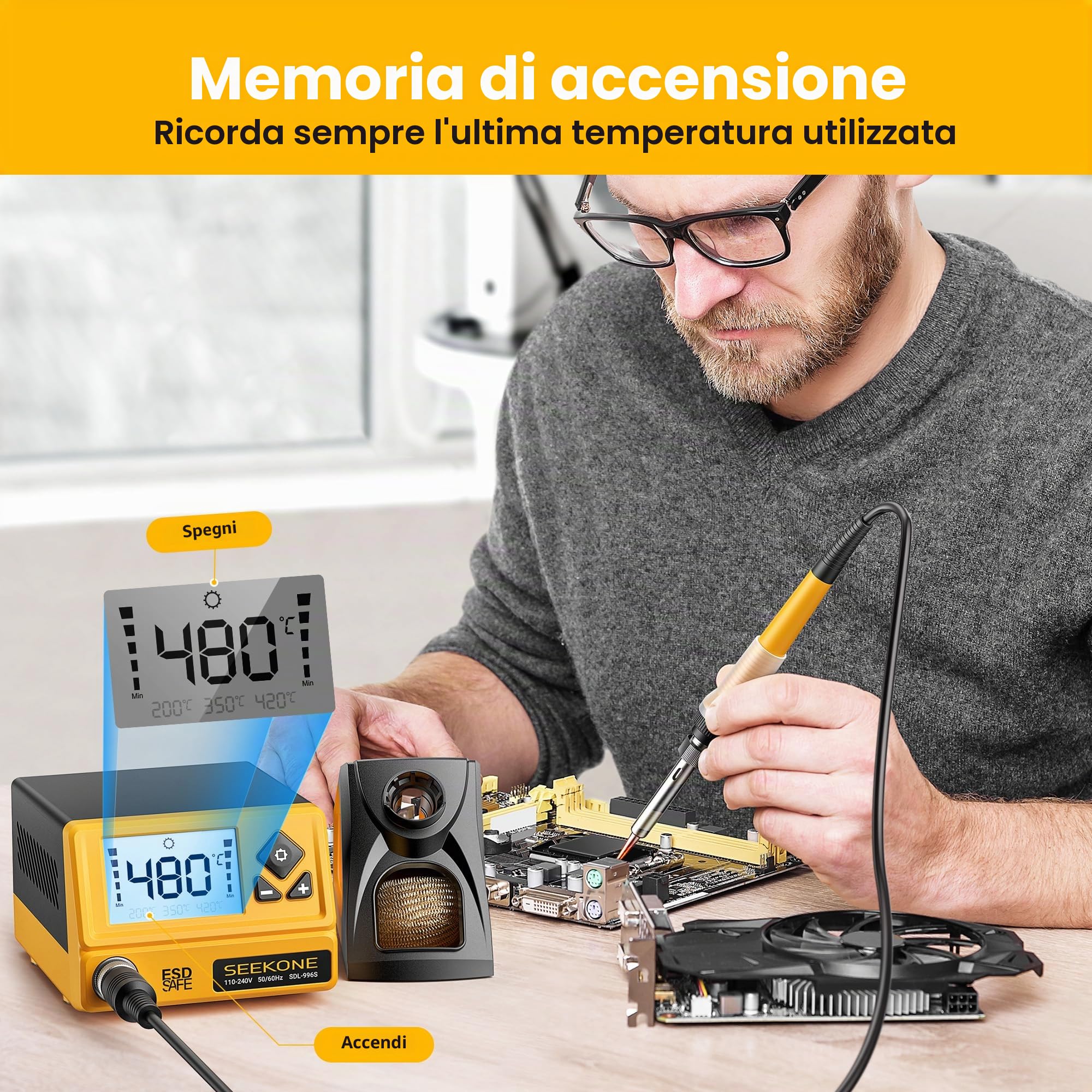 SEEKONE Stazione di Saldatura 60W con Controllo Temperatura 200℃-480℃ con Display LCD, Stazione Saldante Aria Calda con 5 Punte di Saldatura, Funzione Standby, Memoria Power-On
