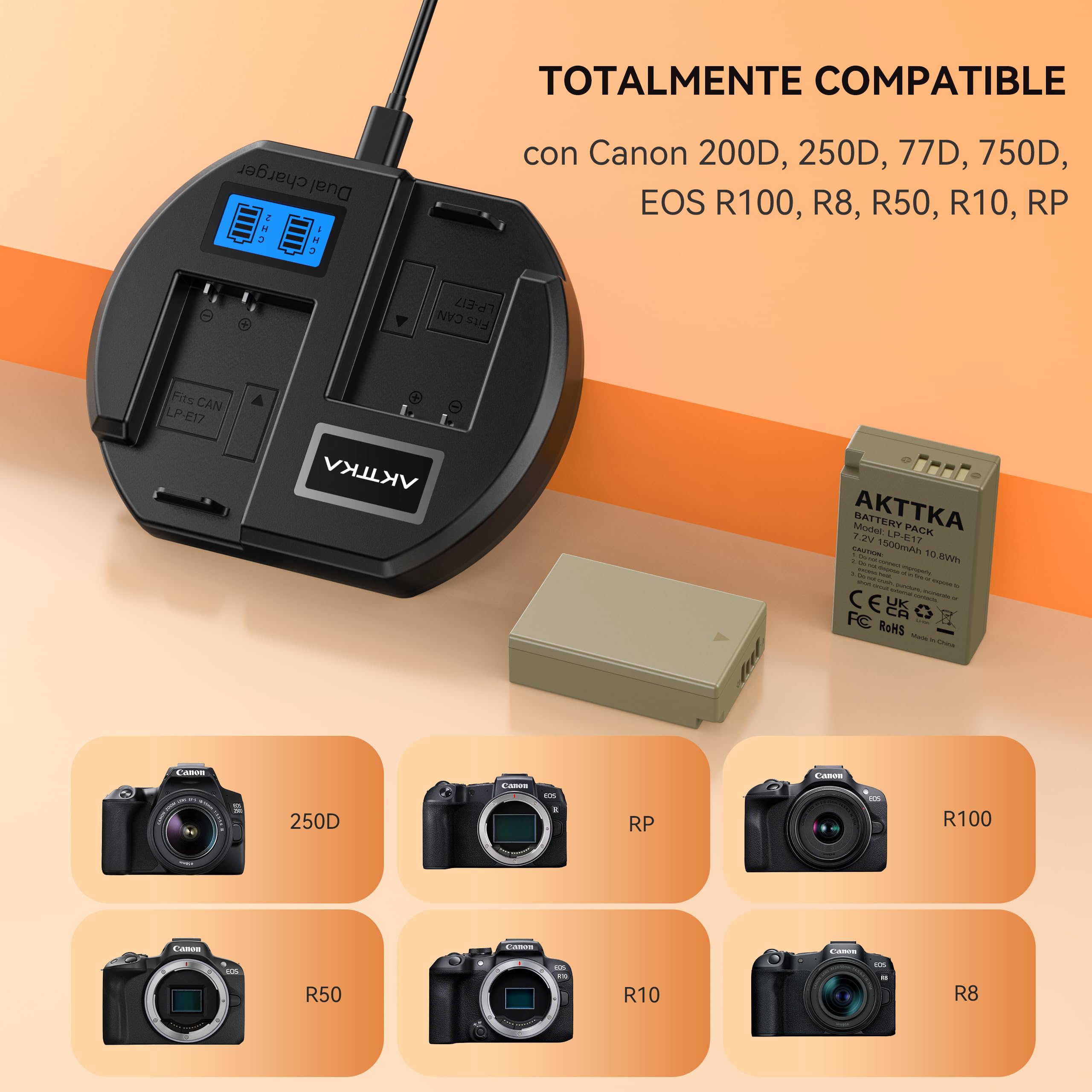 Batteries LP-E17 Rechargeables Avec Chargeur Type-C Intégré - Lot De 3, 1500 MAh, Compatibles Canon - 8