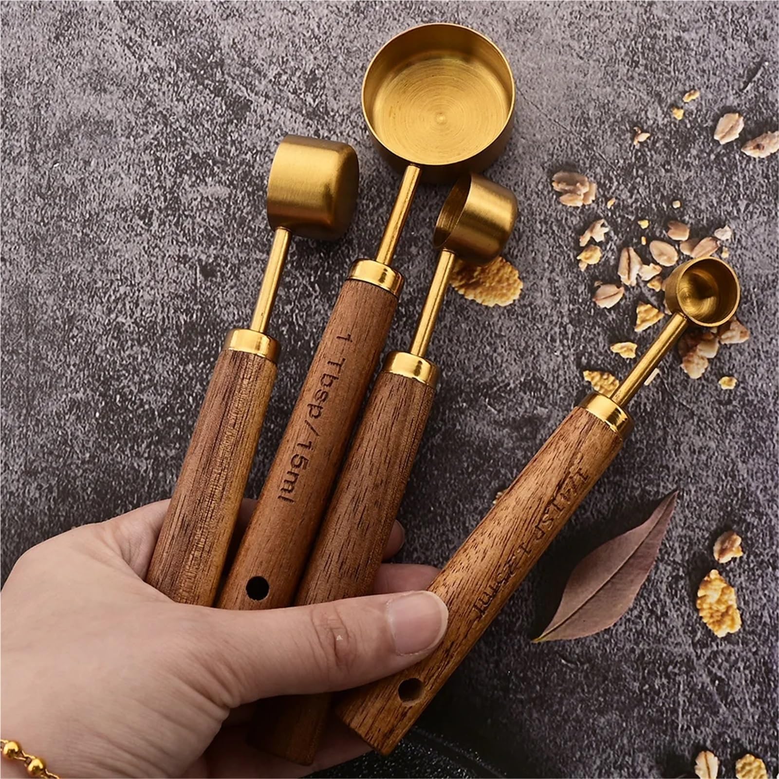 Messbecher aus Edelstahl mit Holzgriff, Löffel, Backwerkzeuge, Kaffeemesslöffel-Set, Bartending-Waage, Zubehör für Flüssigkeiten und Feststoffe