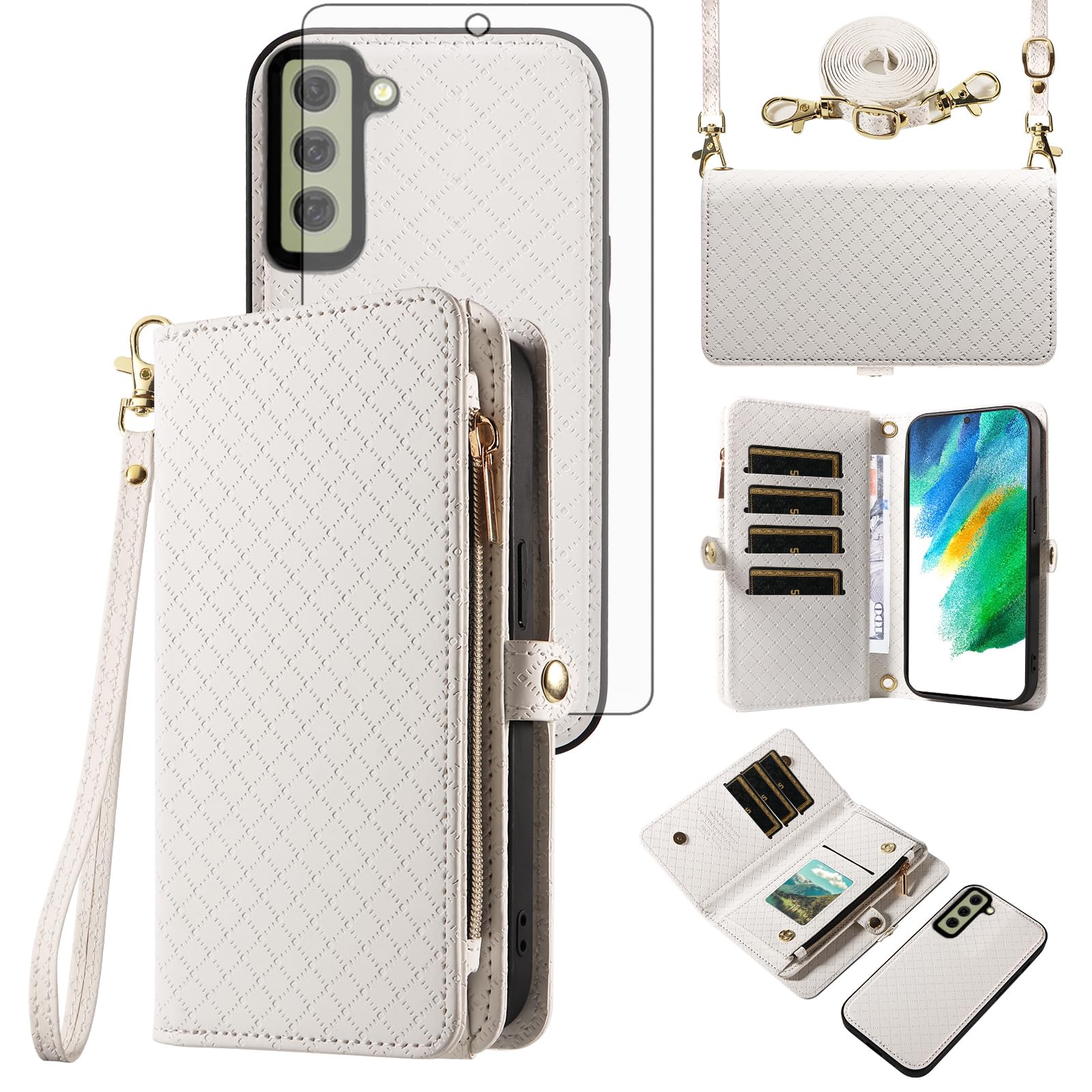 Asuwish Phone Case for Samsung Galaxy S21 FE 5G Zipper Wallet Detachable Cell Cover with Tempered Glass Screen Protector Strap Flip Card Holder S 21