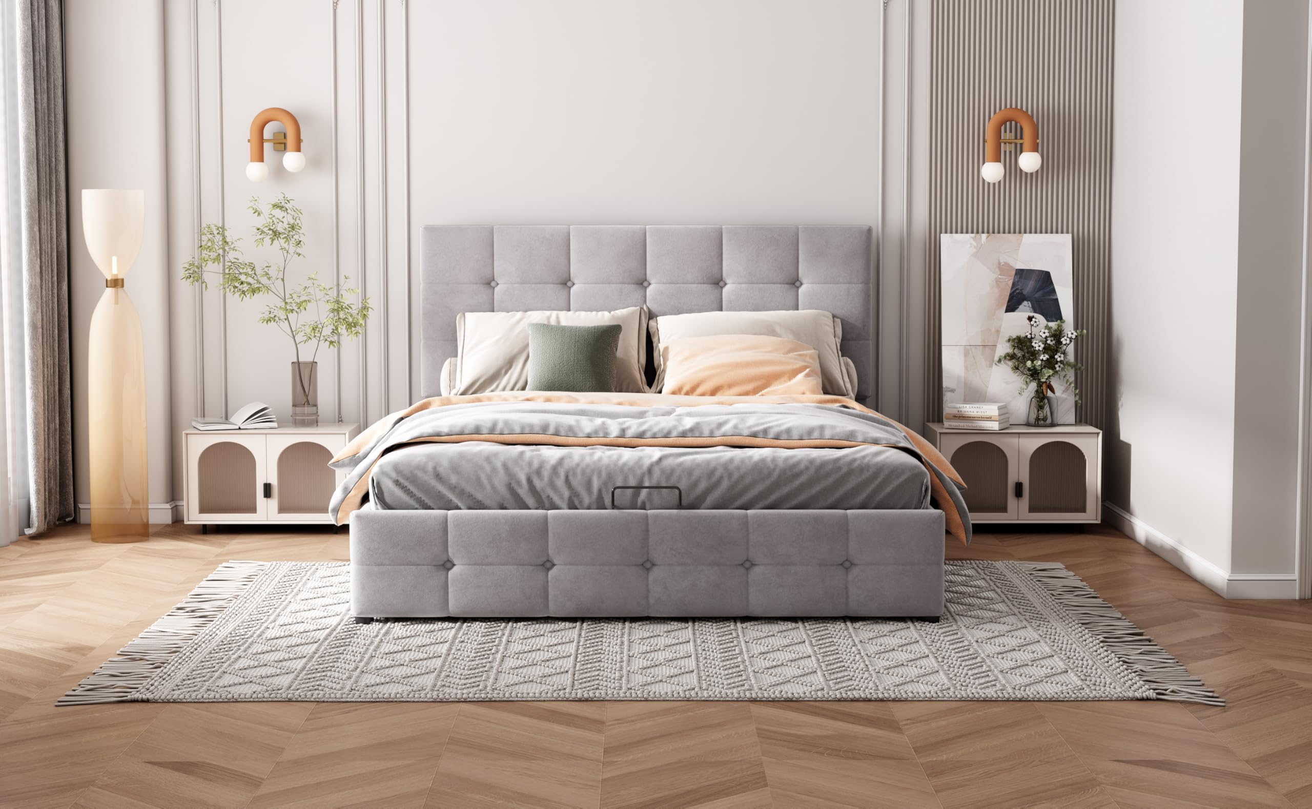 Cama hidráulica de material elevador con espacio de almacenamiento, somier de láminas de metal, funda de terciopelo, ahorra espacio para apartamentos pequeños