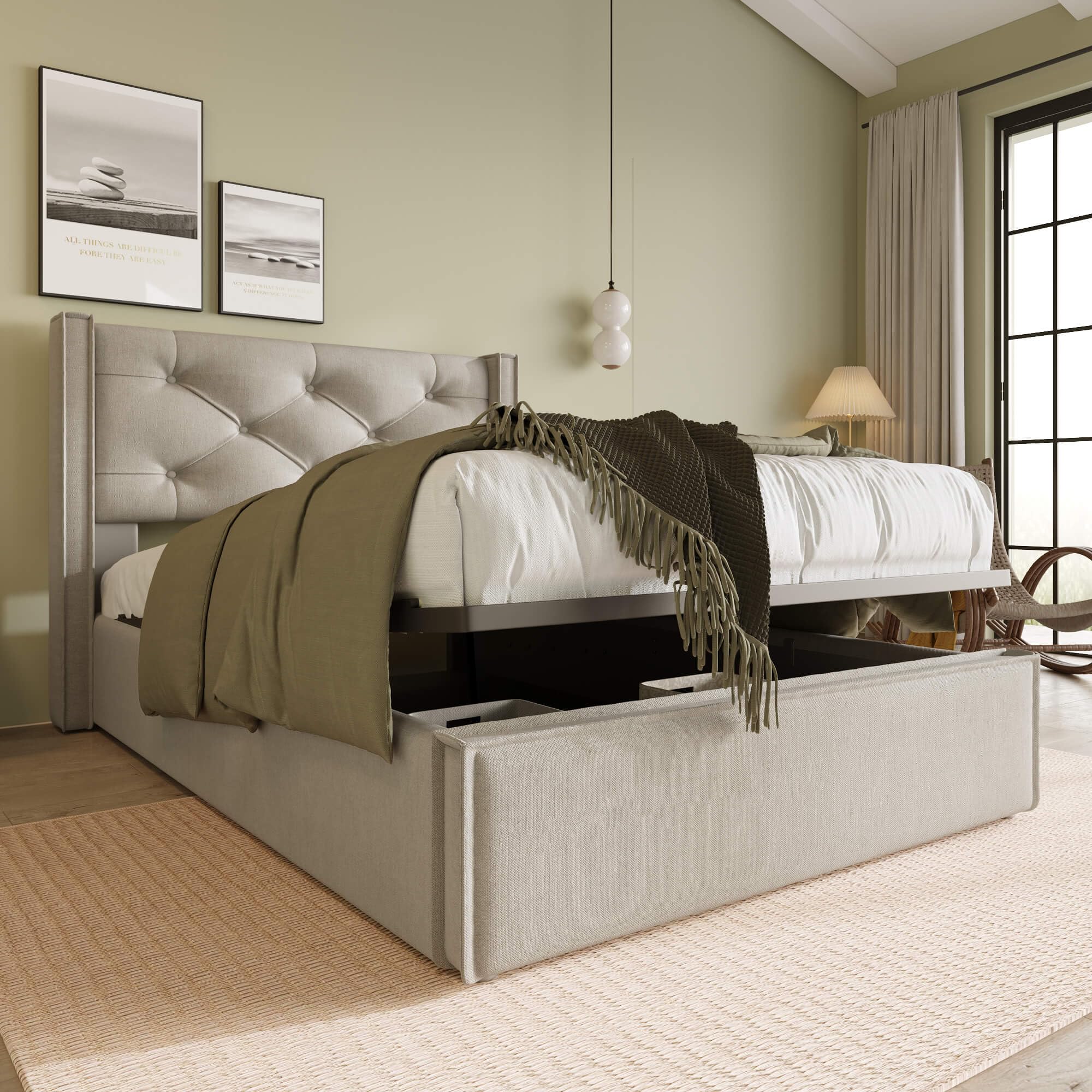 NNJN Gestoffeerd tweepersoonsbed met verborgen bekerhouder en laadstation, hydraulisch bed met opbergruimte onder het bed, incl. lattenbodem, linnen (zonder matras) (beige, 140x200 cm
