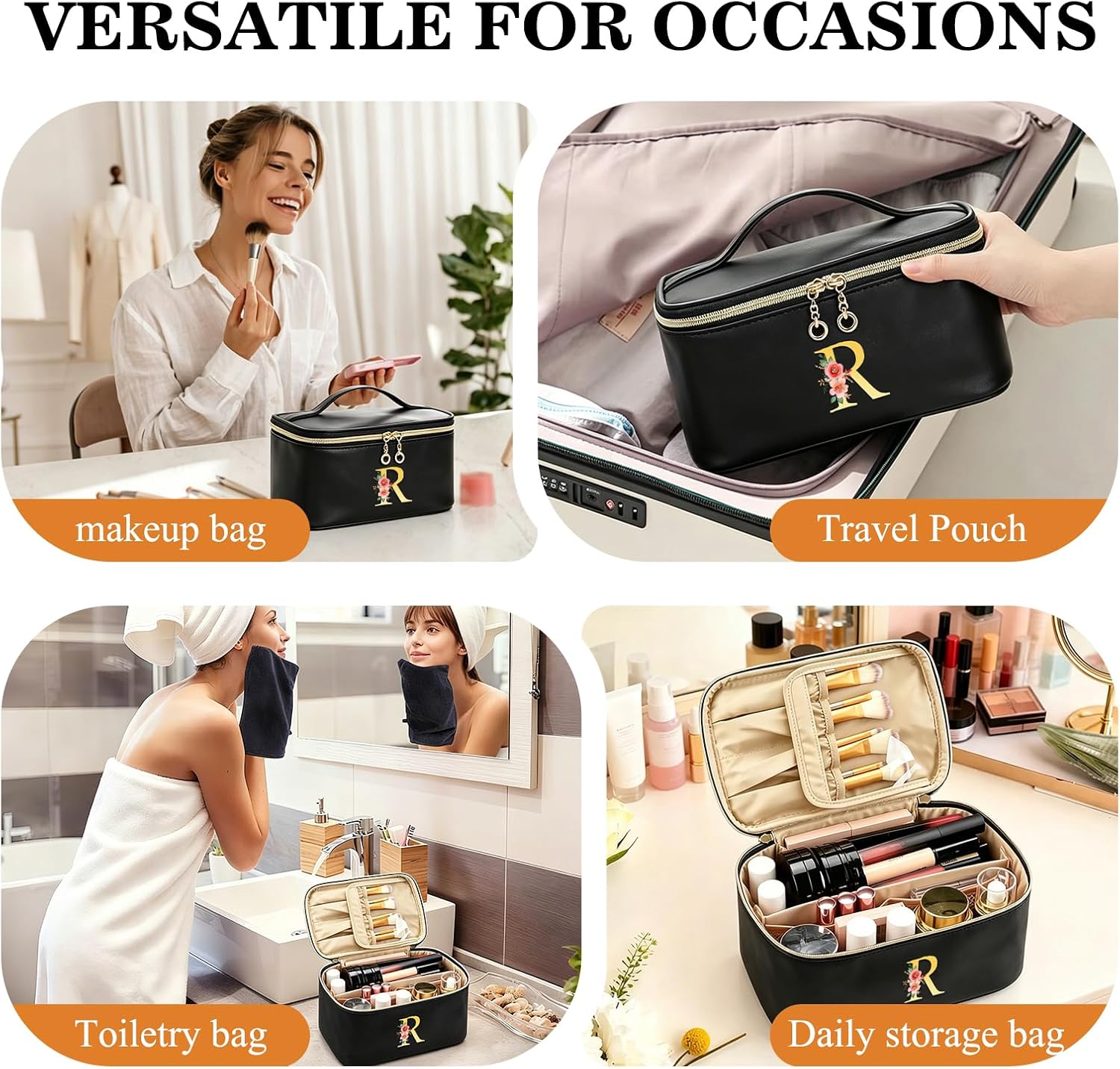 Candygirl Initial Makeup Bag for Women, Cosmetic Bag with Letter R, Waterproof PU Leather Travel Toiletry Bag, Large Capacity Makeup Organizer with Compartments for Skincare, Brushes & Gifts image 4