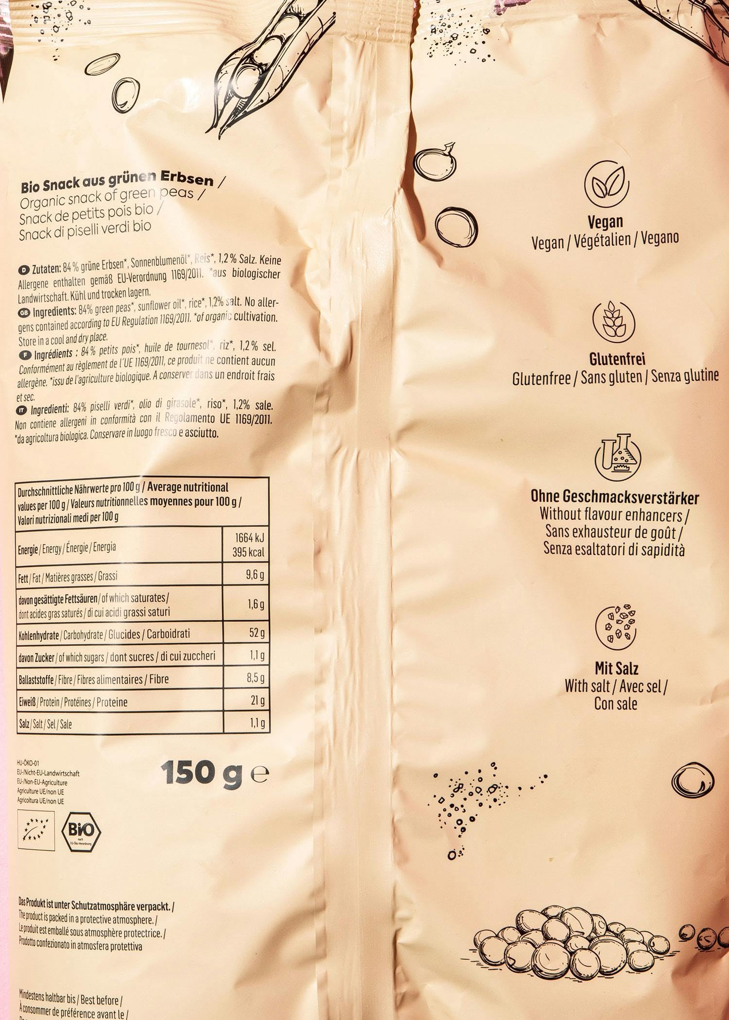 KoRo - Cornetti di piselli bio con sale marino 5 x 150 g - Senza glutine - Ad alto contenuto proteico - A basso contenuto di zuccheri