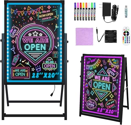 Hosim 28 x 20" Standing A-Frame LED Message Writing Board, Illuminated Erasable Neon Effect Restaurant Menu Sign, Flashing Mode DIY Message