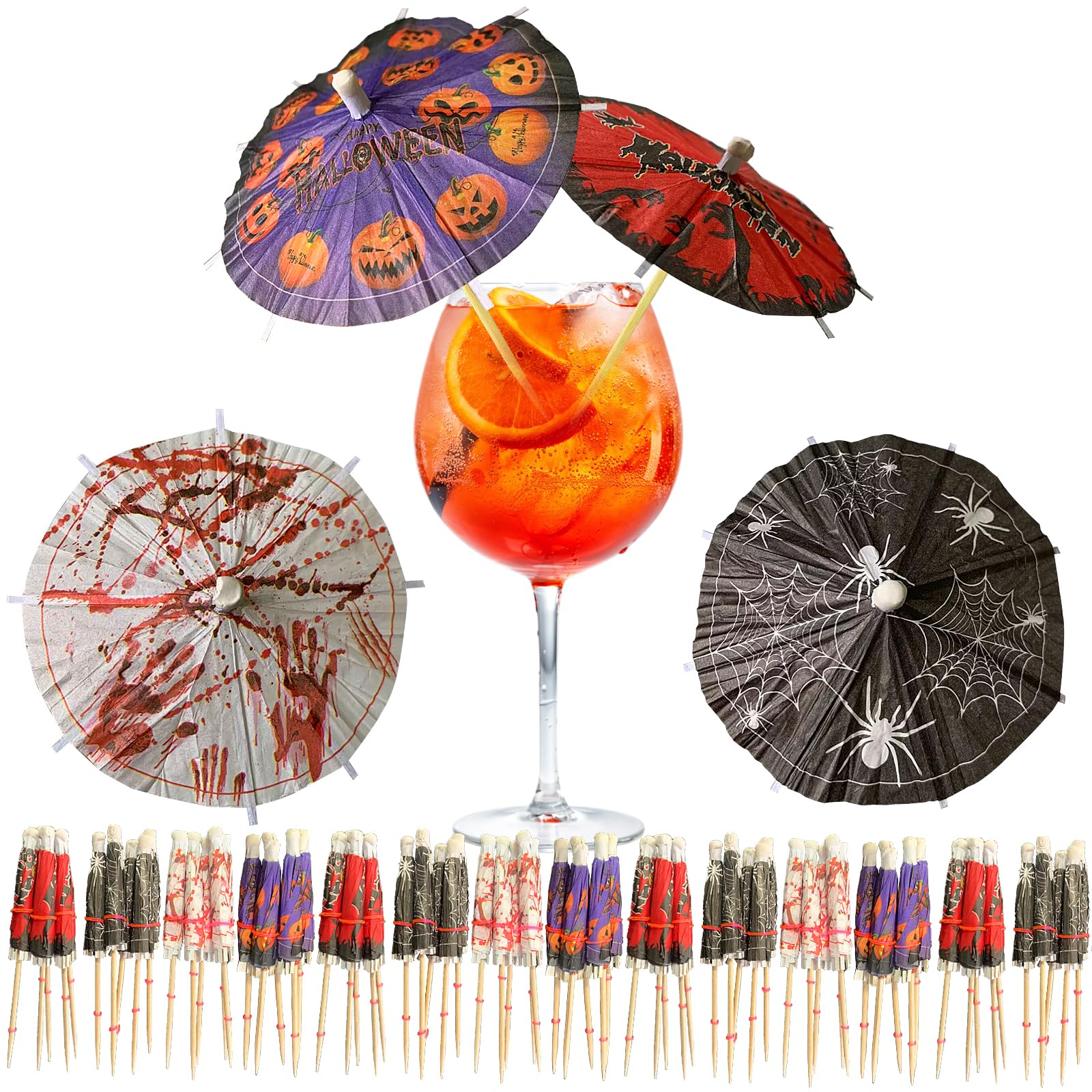 200 PCS Halloween Drink Umbrellas Cocktail Picks Decor Halloween Drinking Umbrella Fruit Toothpicks Cupcake Topper Sticks for Halloween Party Appetizers Restaurant Decorations: Cocktail Picks