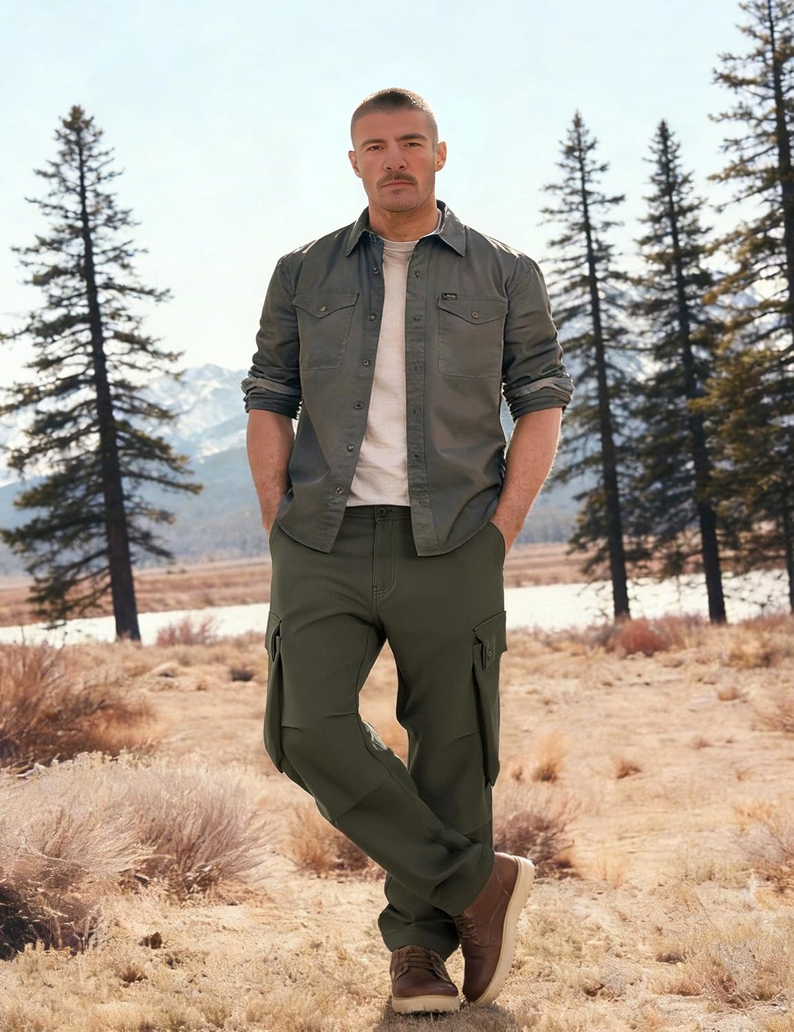 Plaid&Plain Men's Relaxed Fit Cargo Pants, Matte Cotton-Touch Multi-Pocket Casual Loose Fit Work Pants with Flex Waistband - Image 5