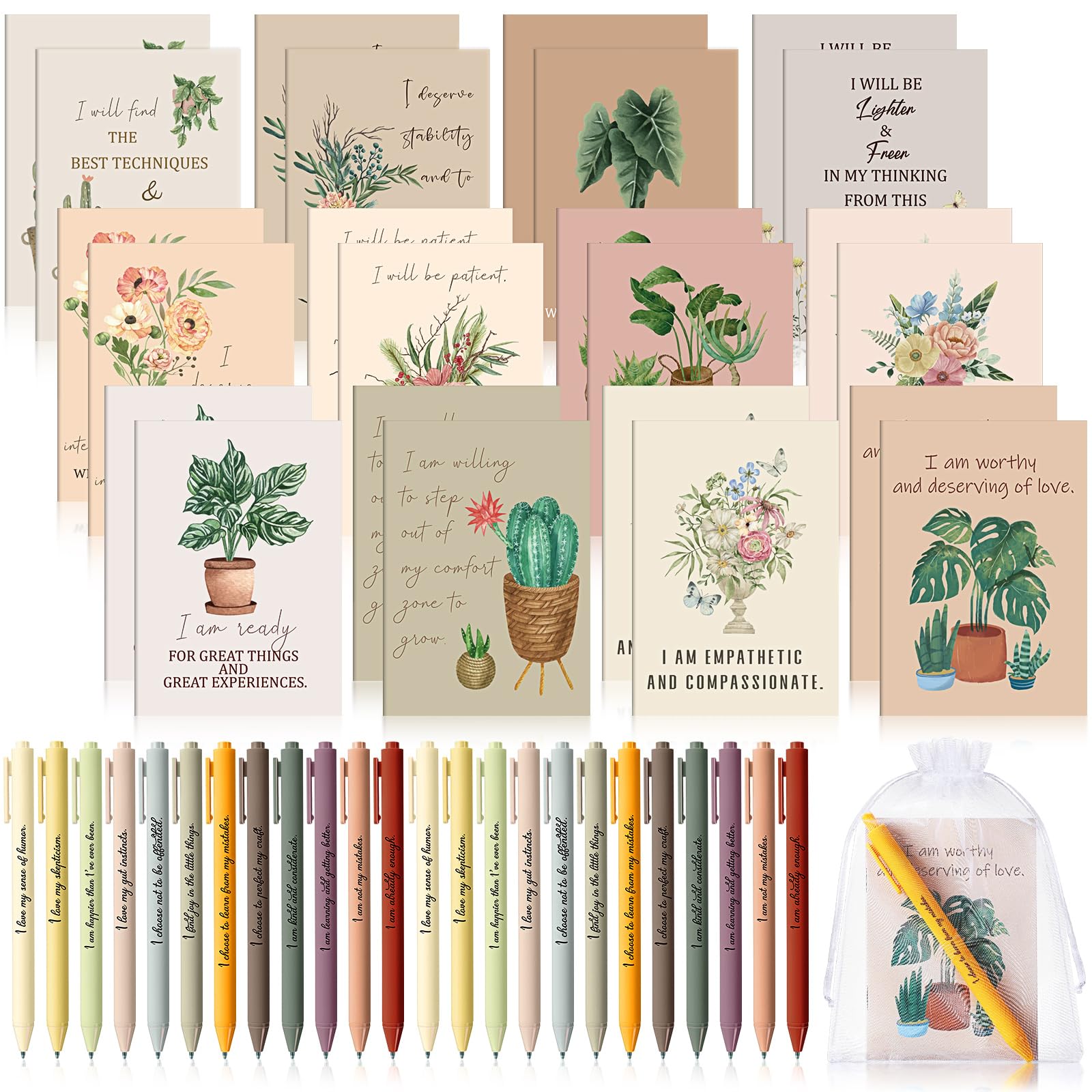 Mooliwe 12 Set/ 24 Pcs Positive Affirmation Gift Set Gratitude Notebooks with Pens Small Bags Motivational Encouragement Notepads Daily Affirmations Journal for Women Stress Relief Self Care (Flower)