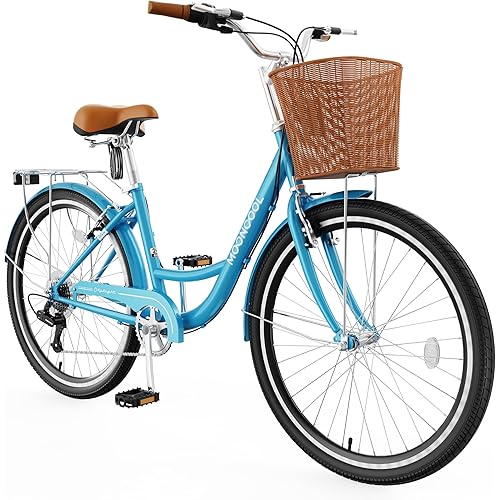 MOONCOOL Womens Bike 7 Speed, 24 26 inch Beach Cruiser Bikes for Women, Step Through Adult Bicycle with Front Basket for City Commuting