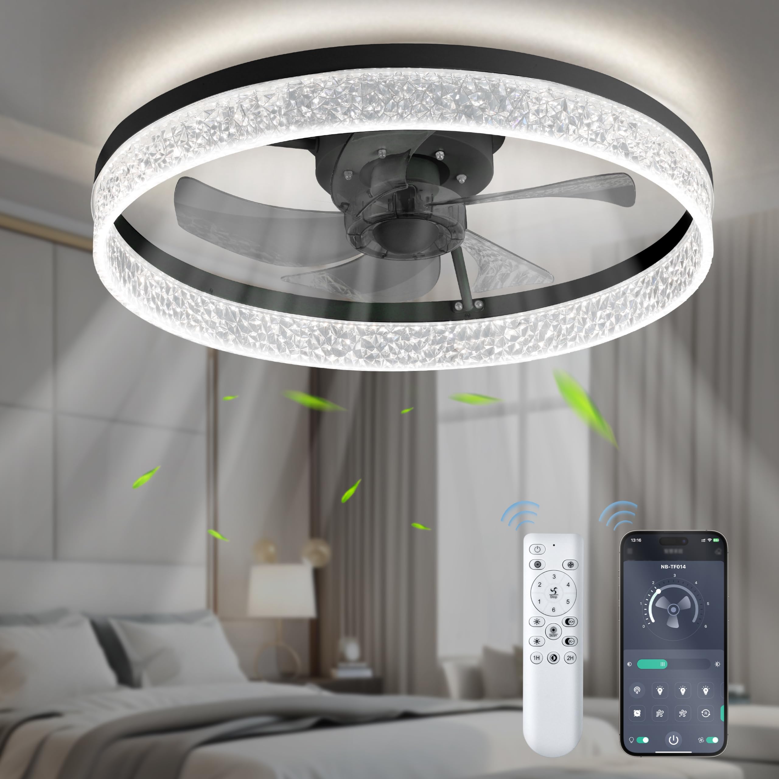 Ceiling Fans with Lights, 20" Low Profile Ceiling Fan with Remote, 6 Speeds, Dimmable, 2700K-6500K, Reversible, App Control, Modern Ceiling Fan with Lights for Bedroom, Living Room, Kitchen (Black)