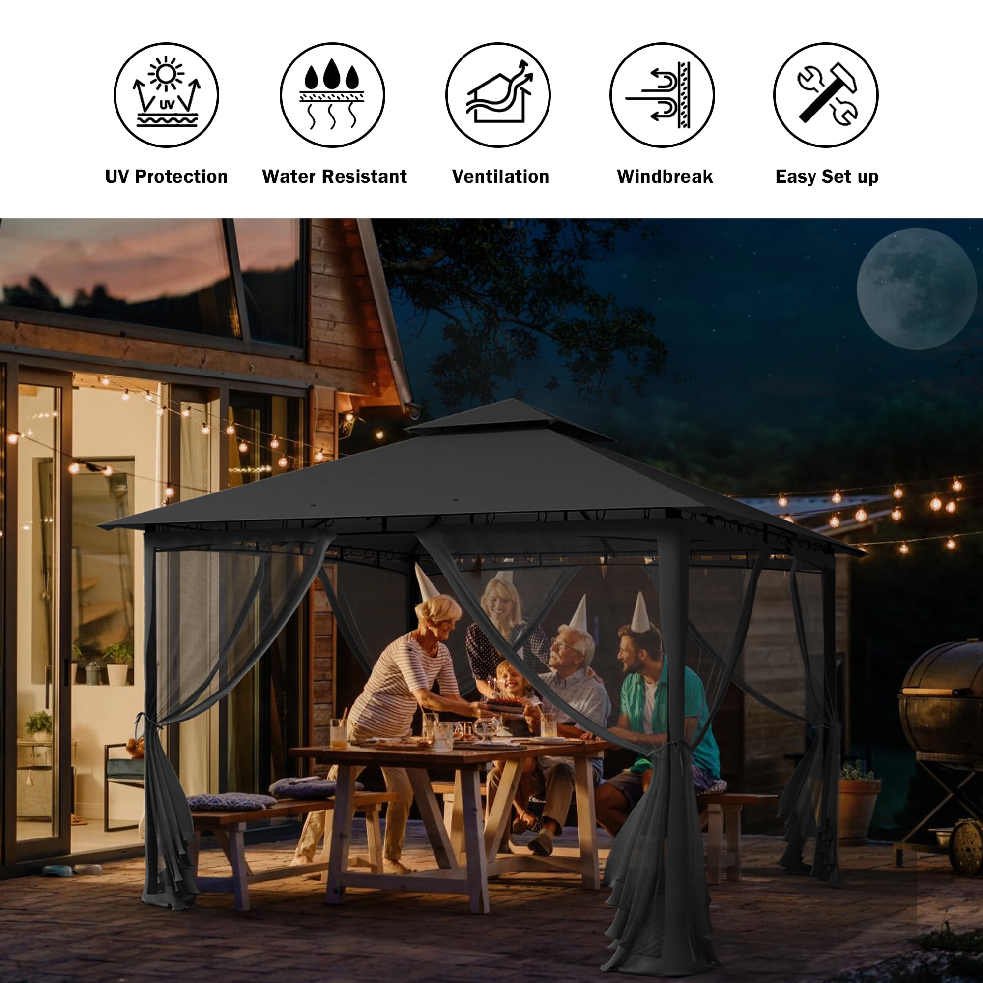 UDPATIO Gazebo da Giardino con Doppio Tetto e Zanzariera, 2.75x2.75 m, Struttura in Metallo Resistente, Gazebo Pieghevole Impermeabile per Giardino, Terrazze - Grigio