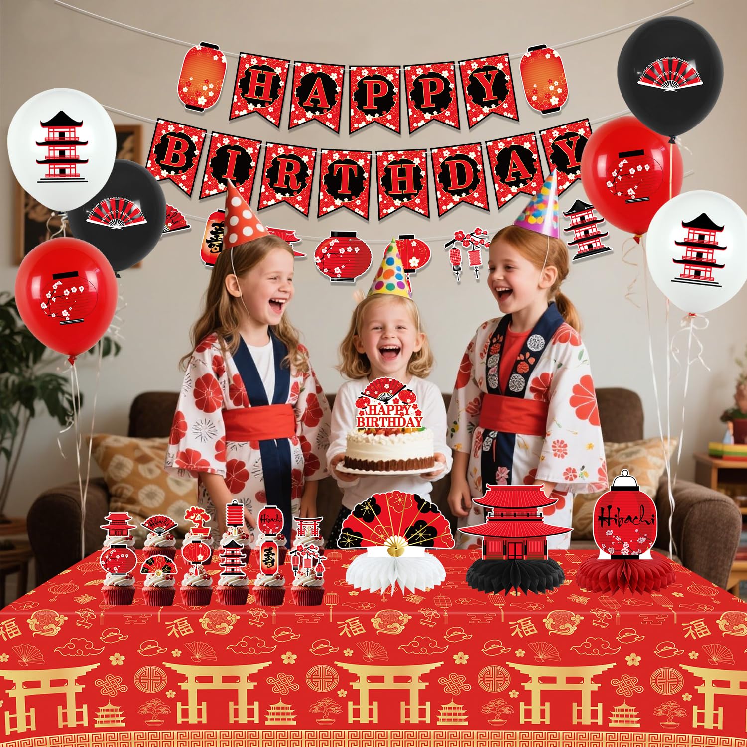 Decorazioni per feste Hibachi, forniture per feste di compleanno giapponesi Hibachi includono striscione di buon compleanno, decorazioni per torte, centrotavola a nido d'ape, tovaglia e palloncini per
