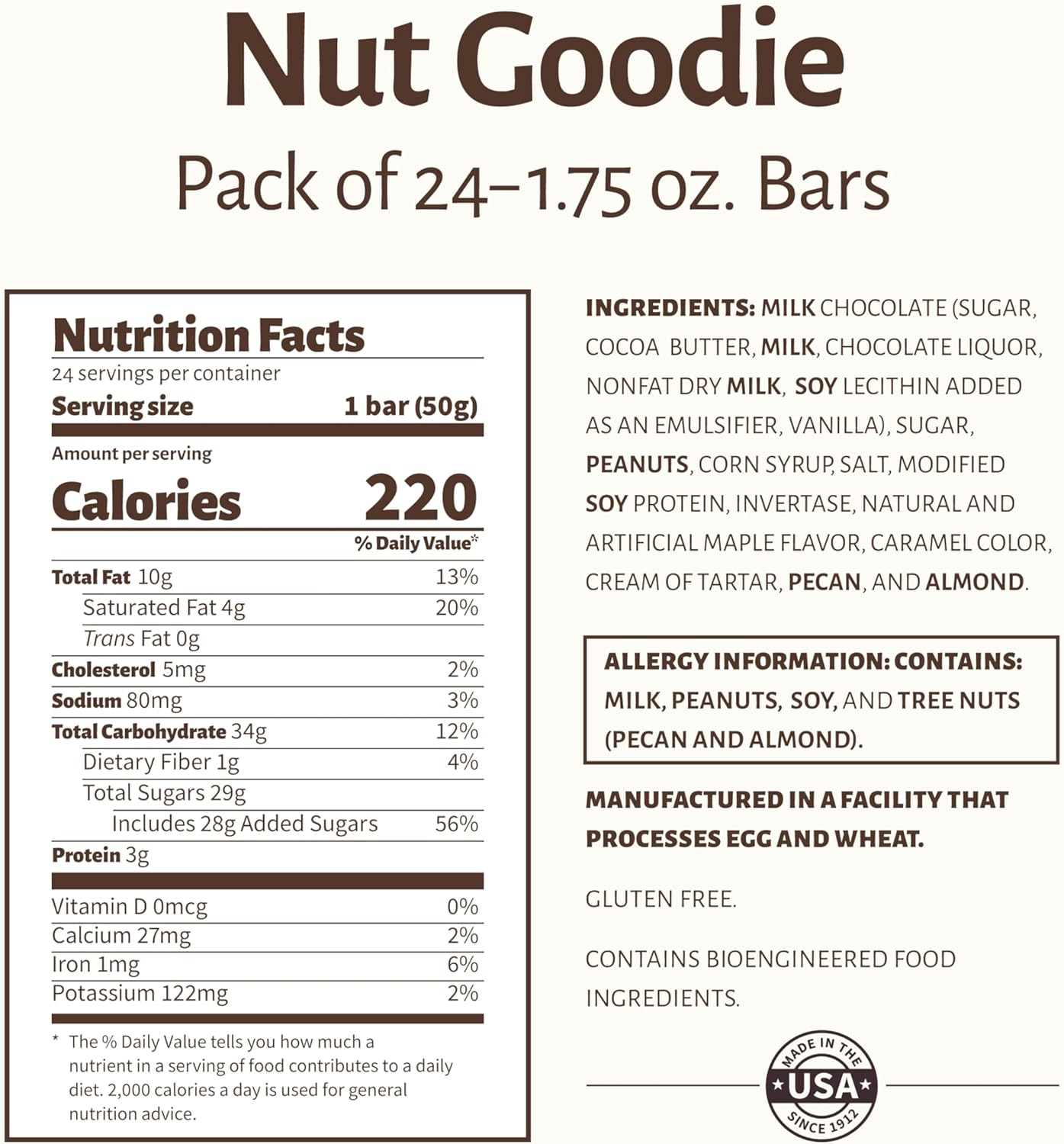 Pearson's Nut Goodie Cluster Bar | Roasted Peanuts, Real Milk Chocolate, and Maple Nougat | Pack of 24 | Individually Wrapped