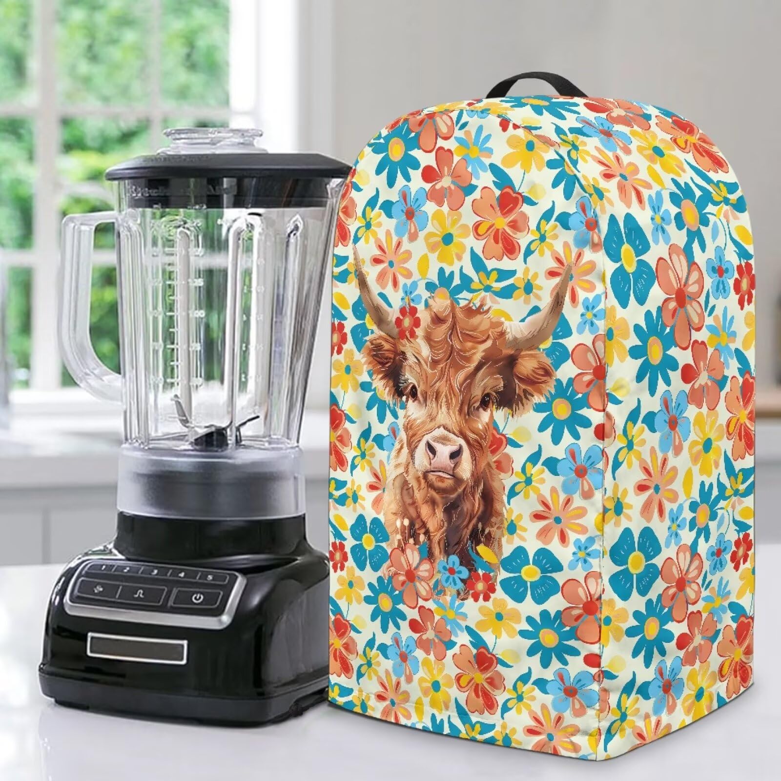 Kitchen Blender Dust Cover with Drawstring and Handle, Floral Highland Cow Print Dust Protection Easy to Clean Small Appliance Food Processor Coffee Maker Cover