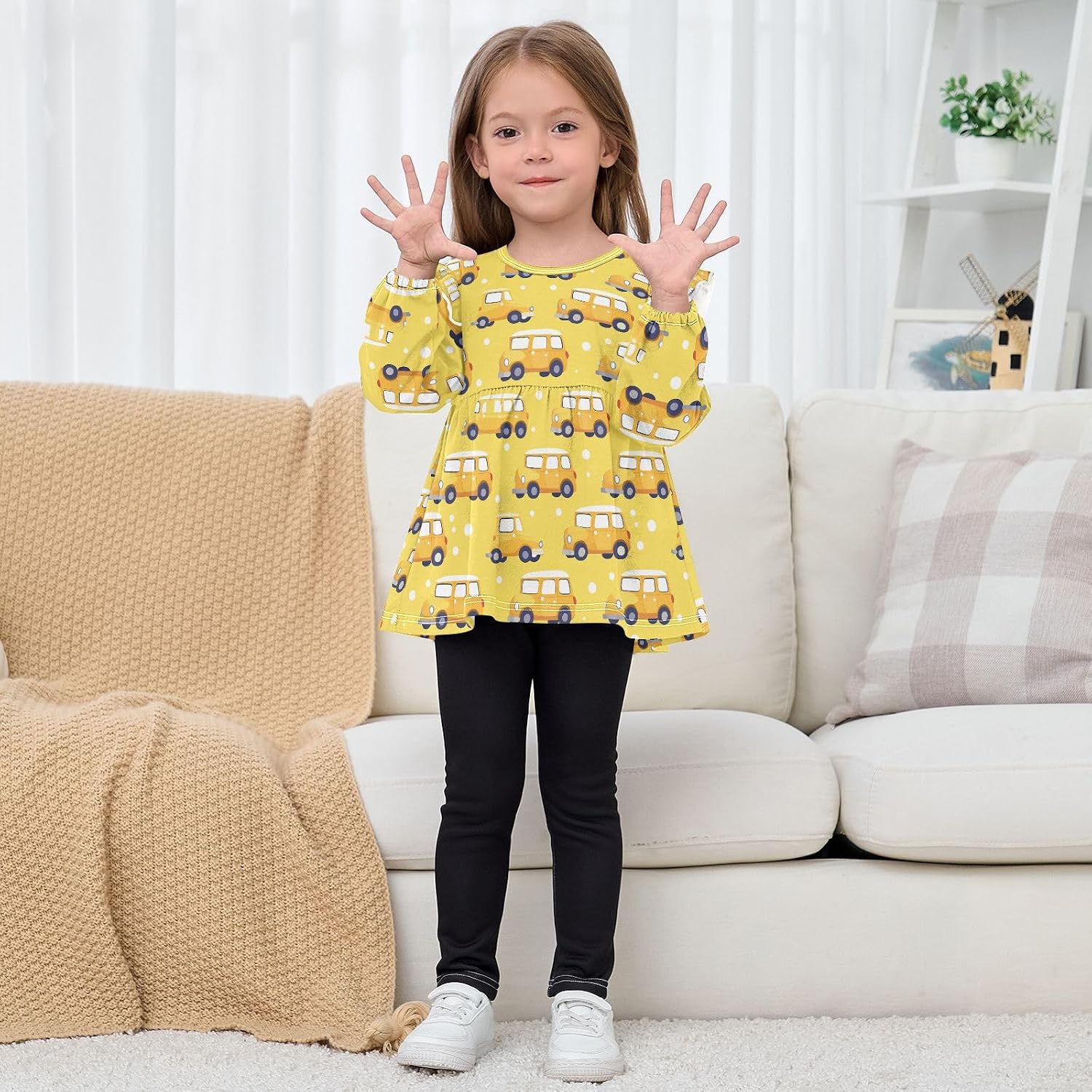 visesunny Toddler Clothes for Girls Yellow Car Polka Dots Long Sleeve Fall Shirts Cotton Top with Ruffle Collar