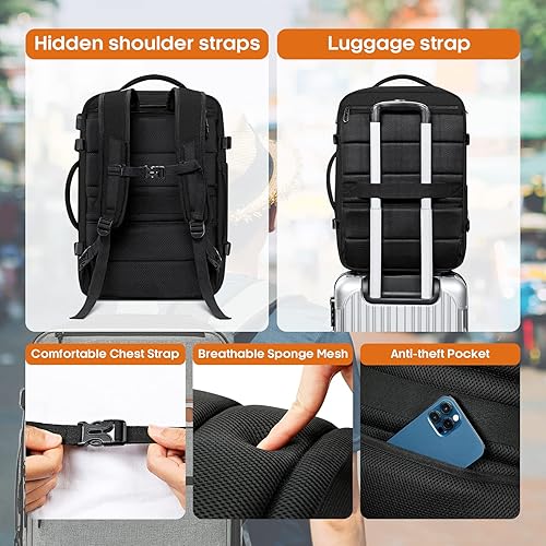 Miniatura 4 de Mochila de transporte, mochila grande de viaje para laptop de 40 L, mochila de equipaje aprobada para vuelo de 17 pulgadas para hombres, Negro