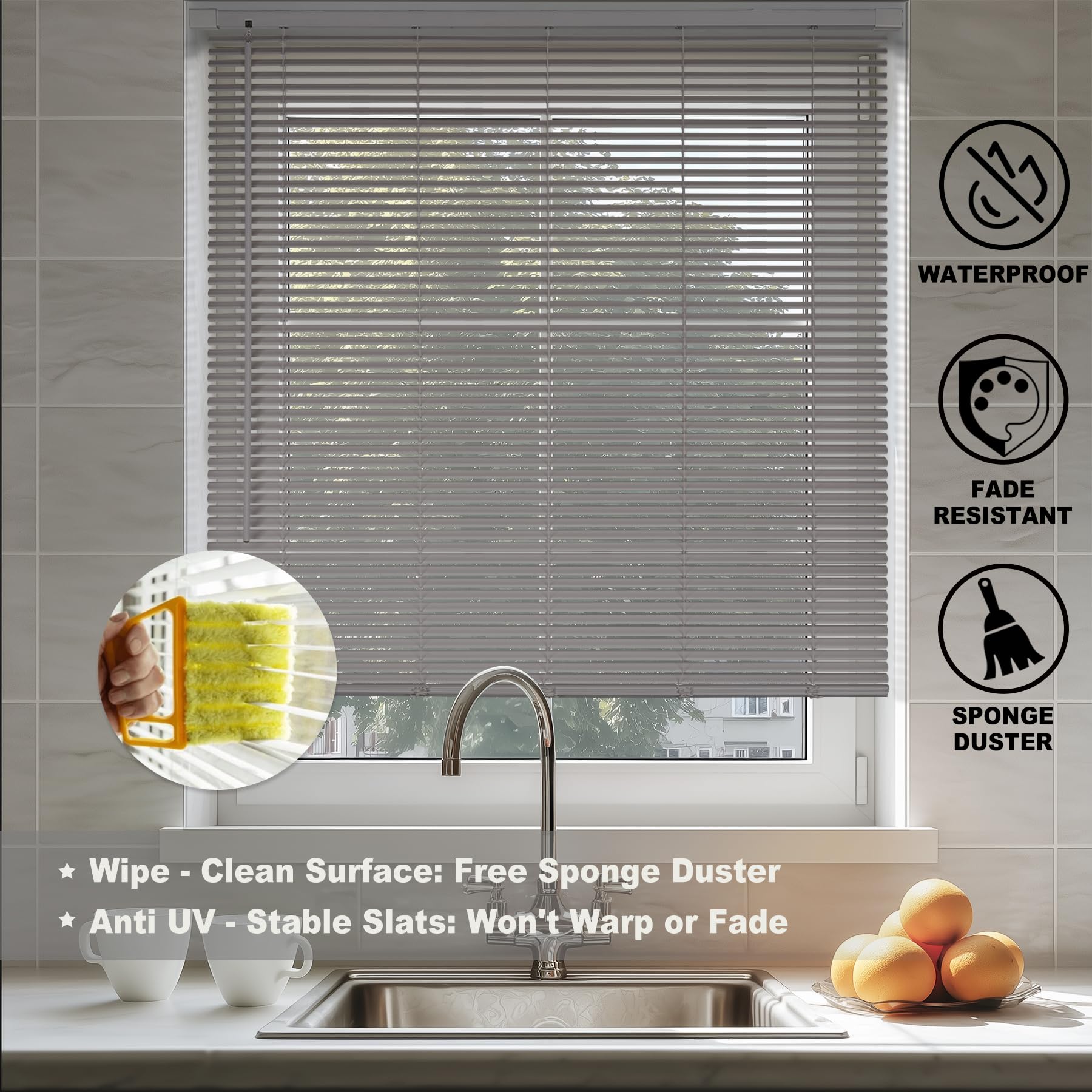 HESTIA No Drill Cordless Room Darkening Vinyl Mini Blinds, 1” L-Shaped PVC Slats Venetian Horizontal Blind Privacy Indoor Window Coverings for Bedroom, Bathroom and Kitchen, Grey, 96.5 X 127CM