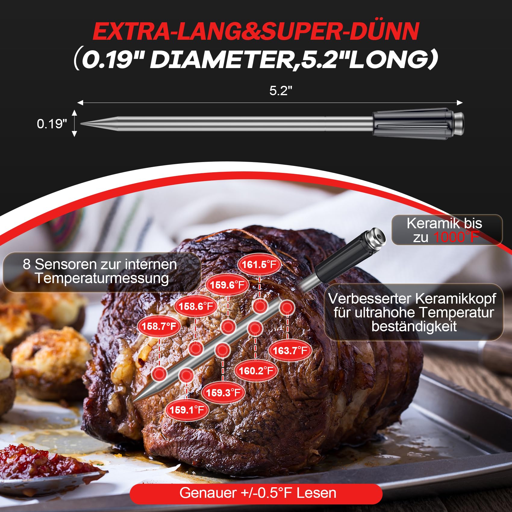 Fleischthermometer Kabellos Bratenthermometer Grillthermometer mit 2 ultradünnen Fühlern, großem Touchscreen, IP67 wasserdichtes Smarte Küchenthermometer für Grill, BBQ, Smoker