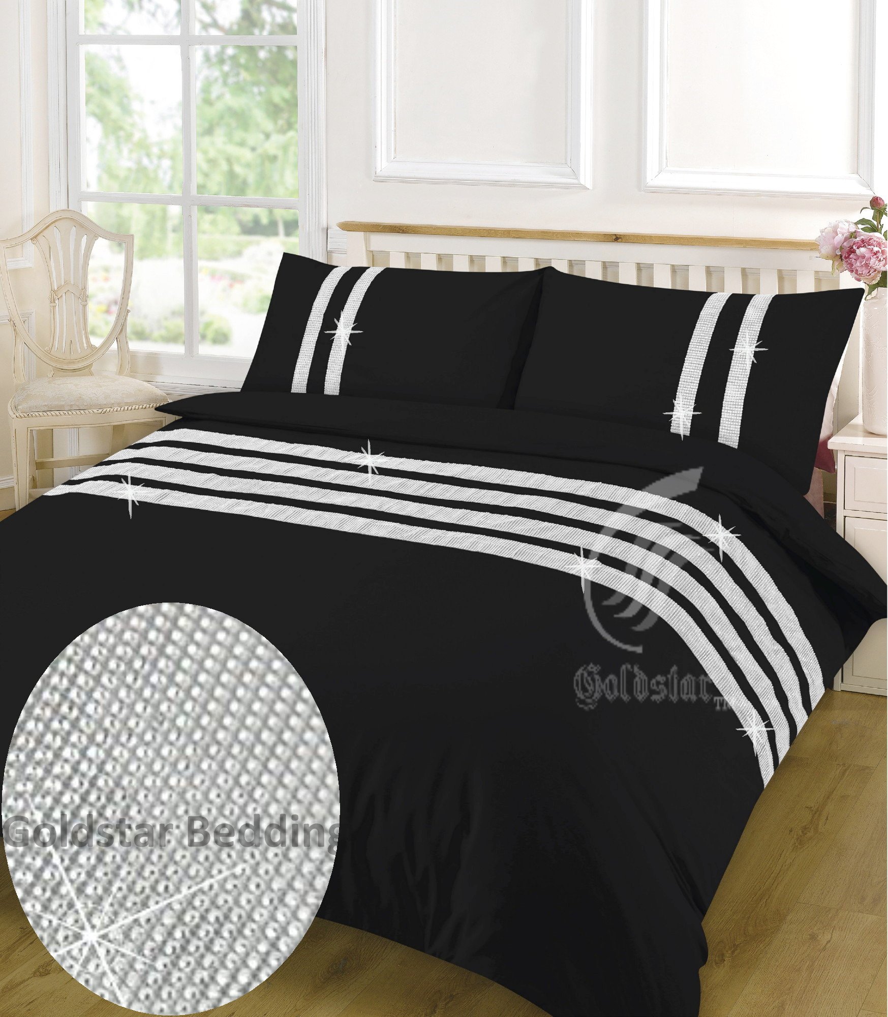 Goldstar® 100% Egyptian Cotton 200 Thread Lace Duvet Cover Quilt Cover Diamond Bedding Set (King, Diamante Lace Black)