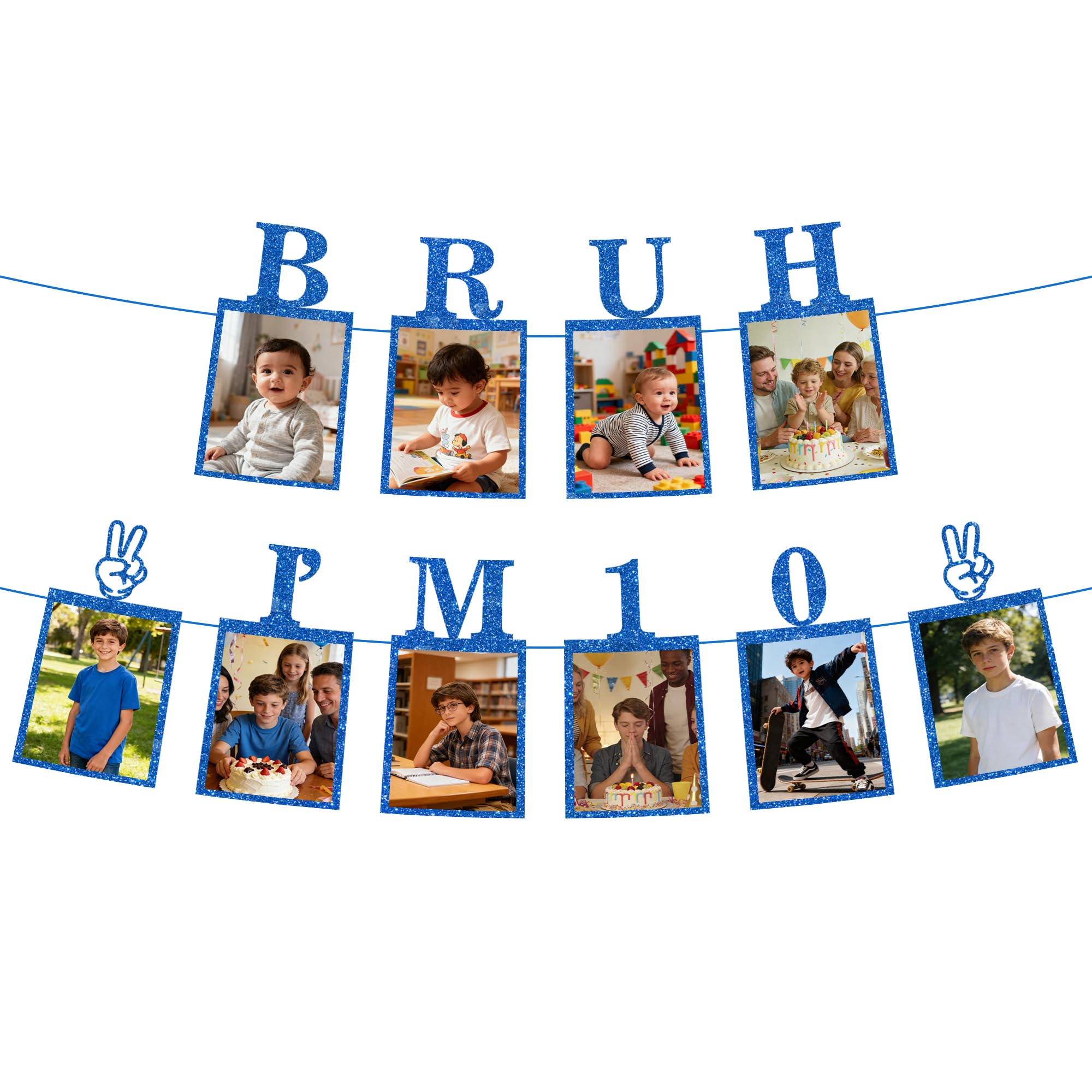 10th Birthday Decorations Banner Boy - 2 Pcs Blue Glitter Photo Banner Bruh I M 10 with Photo Cards Pre Strung for Boys Double Digits Happy 10 Year Old Birthday Party Decor Supplies