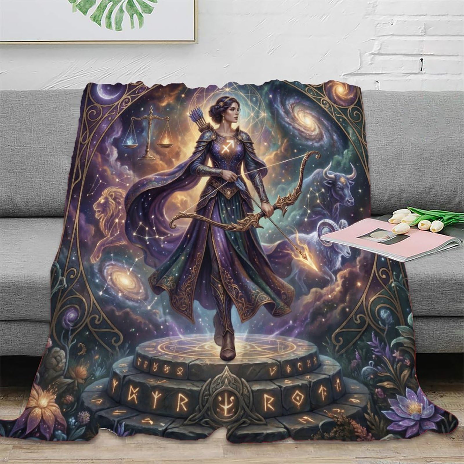 W7C8U2X3 Sagittarius Zodiac Starry Flannel Throw Blanket, Reading Couch Use
