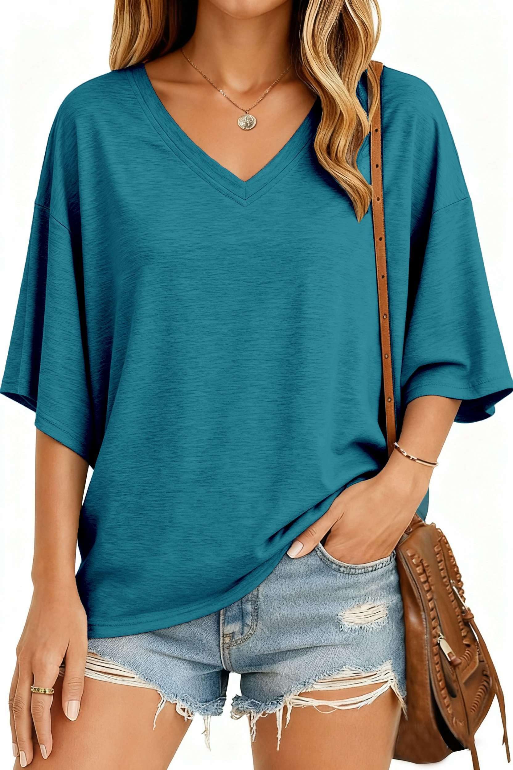 NAIOSS Damen T-Shirt Oversize Kurzarm Oberteil V-Ausschnitt Tunika Sommer Tops