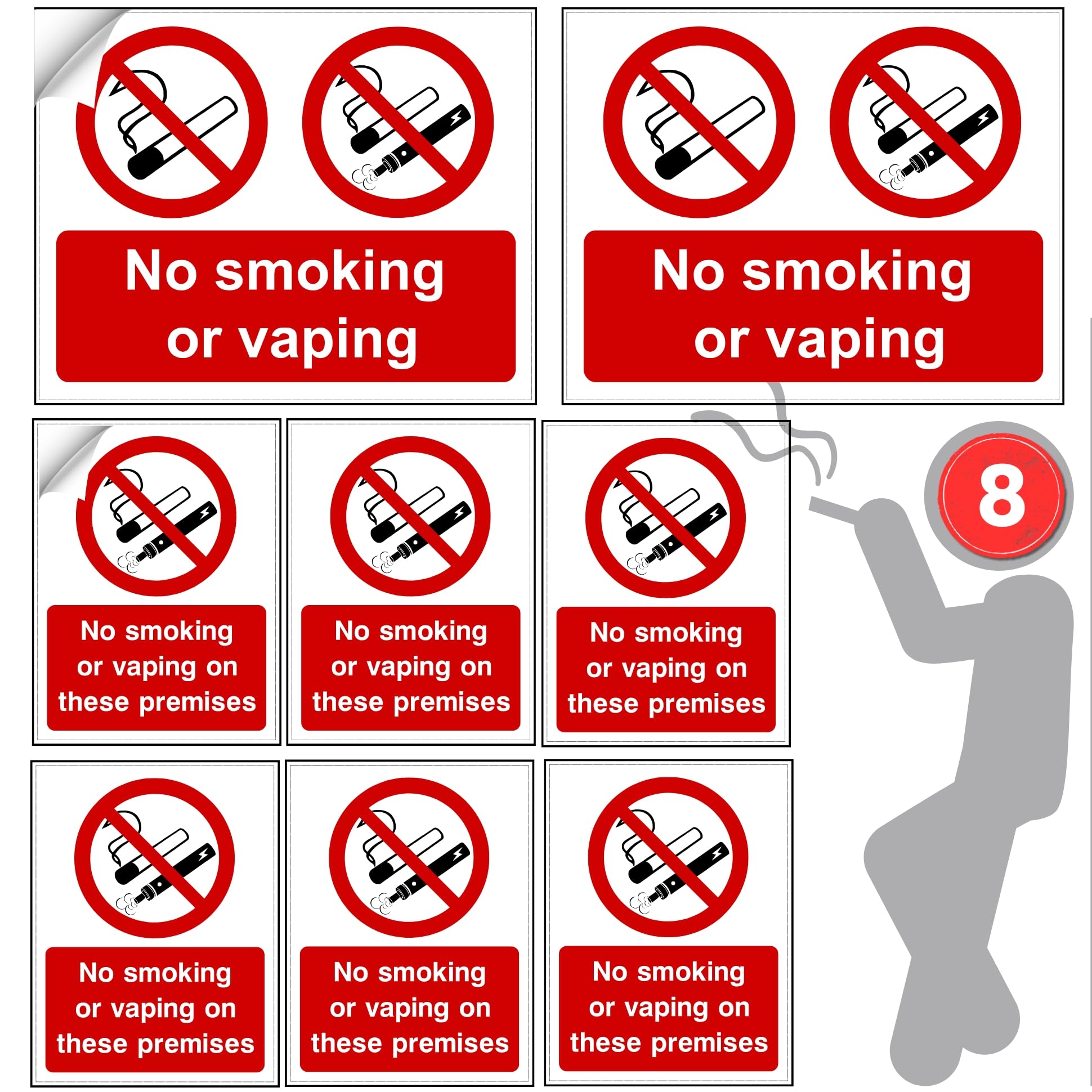 No Smoking No Vaping sign Stickers, 8x pack 180mm x 130mm and 100mm x75mm – Health and Safety, Self-Adhesive Vinyl Signs, Waterproof Decals, Indoor Outdoor, Made in UK by Printkings.