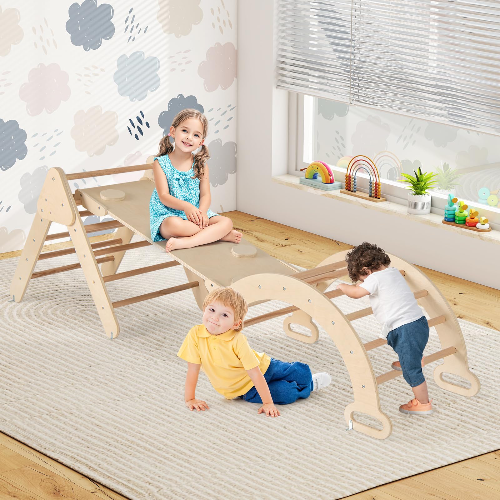 GOPLUS 7 en 1 Triángulo de Escalada para Niños de 1 Año, Montessori Escalador con Tobogán Rampa Arco, Juguetes de Escalada de Madera, Slide Aprendizaje para Guardería Casa, Carga 50 kg (Natural)