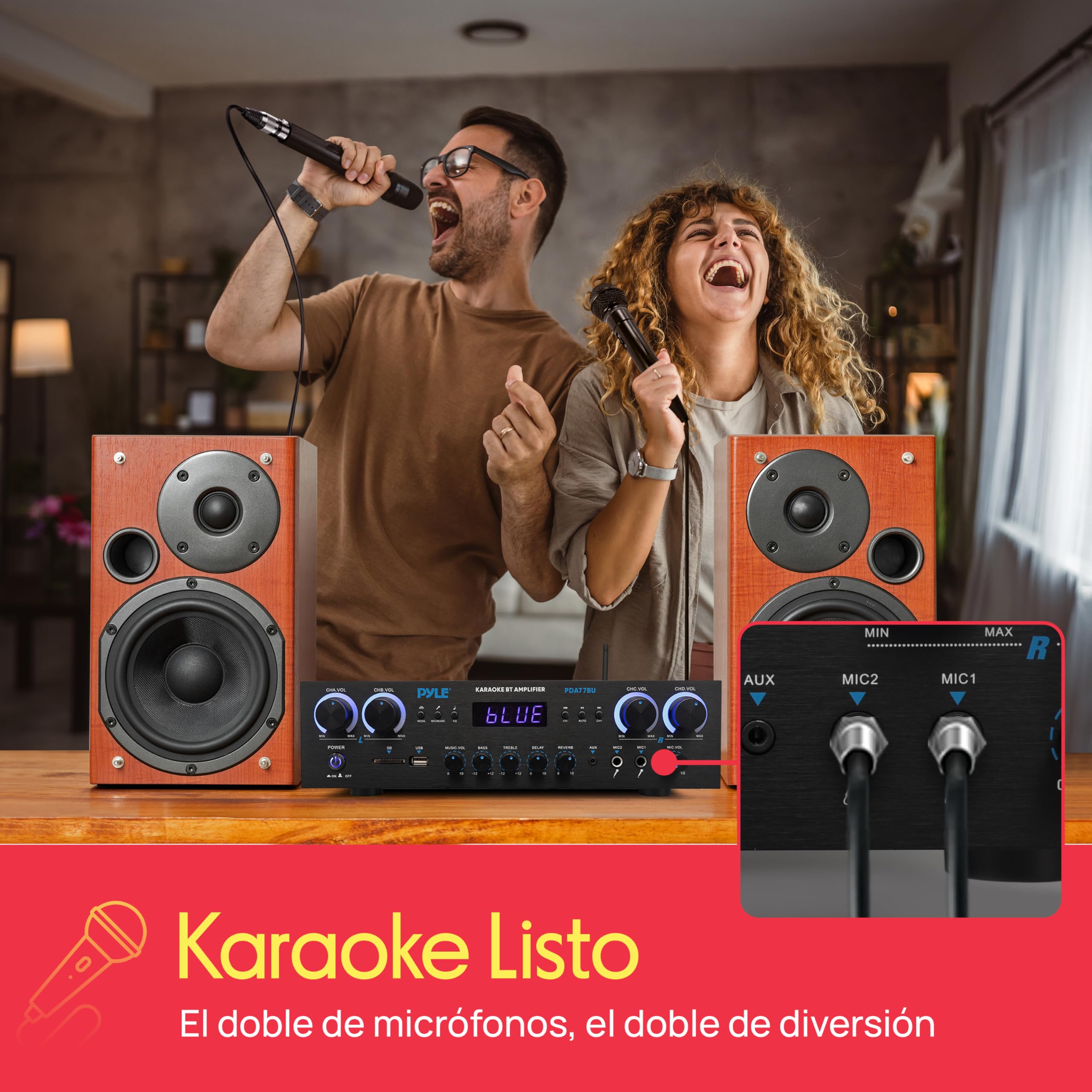 Pyle Amplificador de Cine en casa de 800 vatios, Receptor estéreo con transmisión Bluetooth, Control Independiente de Eco y Volumen de micrófono, MP3/USB/SD/AUX/radio FM