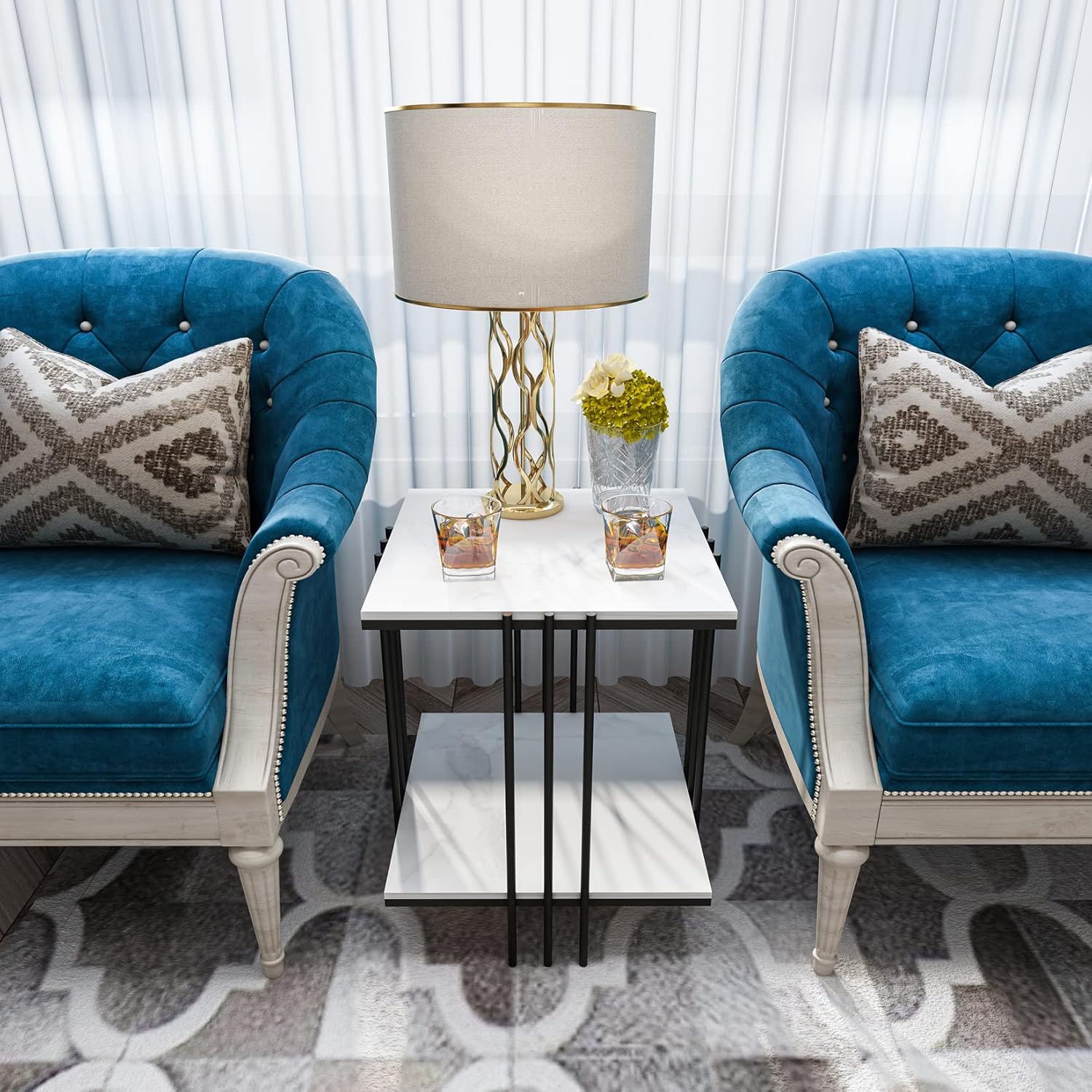 Wisfor Sintered Stone End Table: 2 Tier Square White Sofa Side Table - Small Coffee Table with Black Frame - Modern Bedside Nightstand for Living Room Bedroom