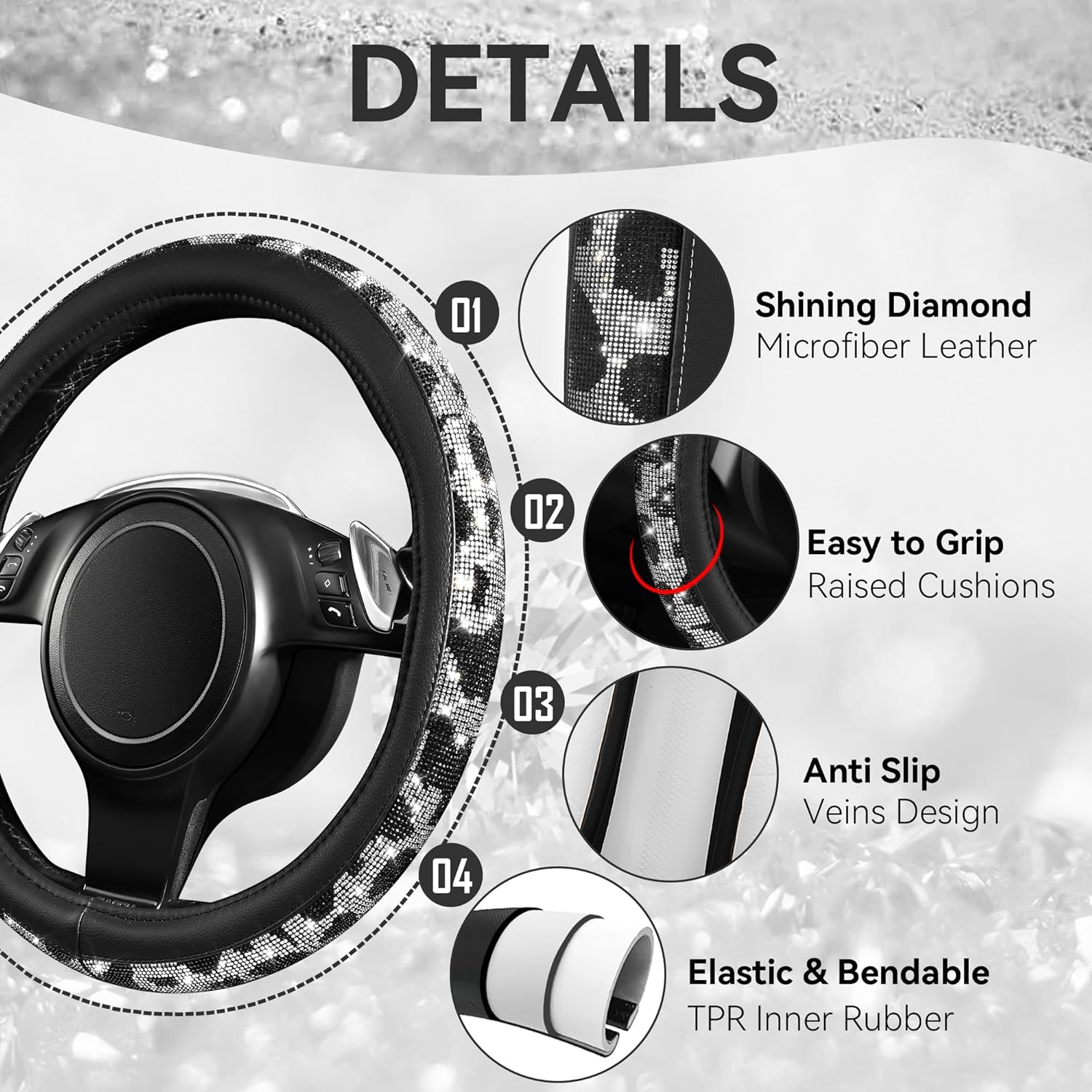 CAR PASS Leather Cow Bling Diamond Car Seat Covers Front & Rhinestone Carpet Car Floor Mats & Sparkly Steering Wheel Cover 15' Interior Sets Universal Fit for 95% Auto SUV Sedan Cute Girl Women(Cow) - Image 6