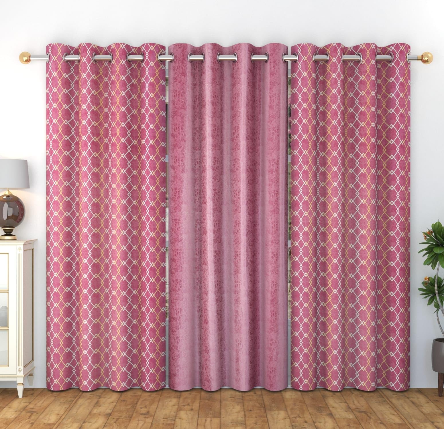 WO FLORA Home Decor Check Designer Long Door Curtains 9 feet Set of 3 for Drawing Room/Living Room/Hall Room Parde for Door, Pink