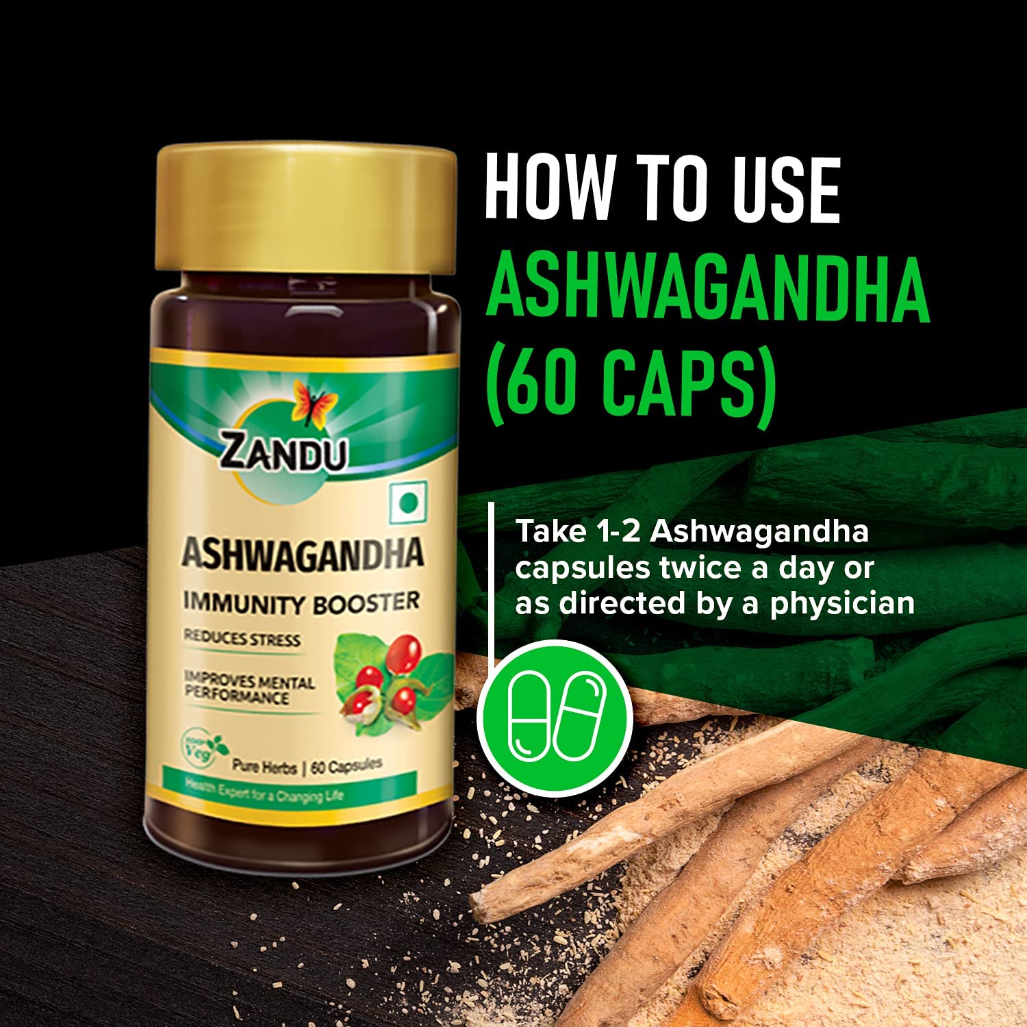 Zandu Ashwagandha 60 Veg Caps | 100% Pure Ashwagandha Root Extract | Scientifically Proven for Stress Relief With 5X Withanolide*| Boosts Immunity & Stamina | Rejuvenates Mind & Body| No Preservatives 4