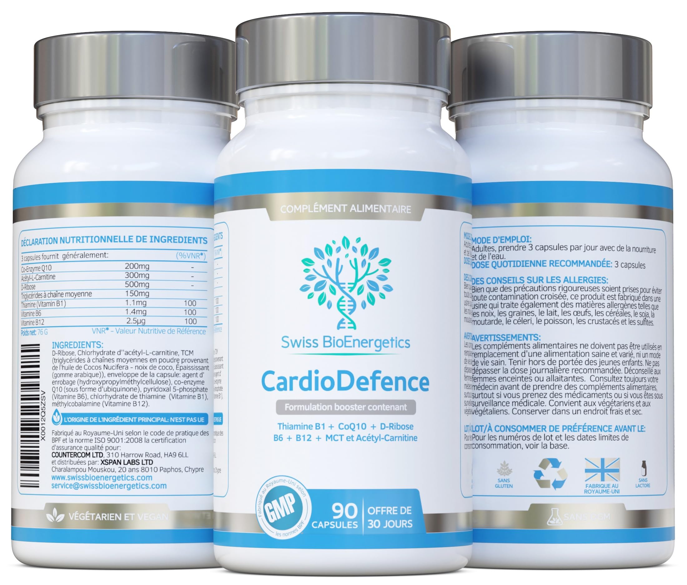 CardioDefence - équilibre précis de CoQ10, D-ribose, acétyl L-carnitine, vitamines B et MCT- contribuer à fonction normale du cœur et réduire la fatigue - 90 gélules