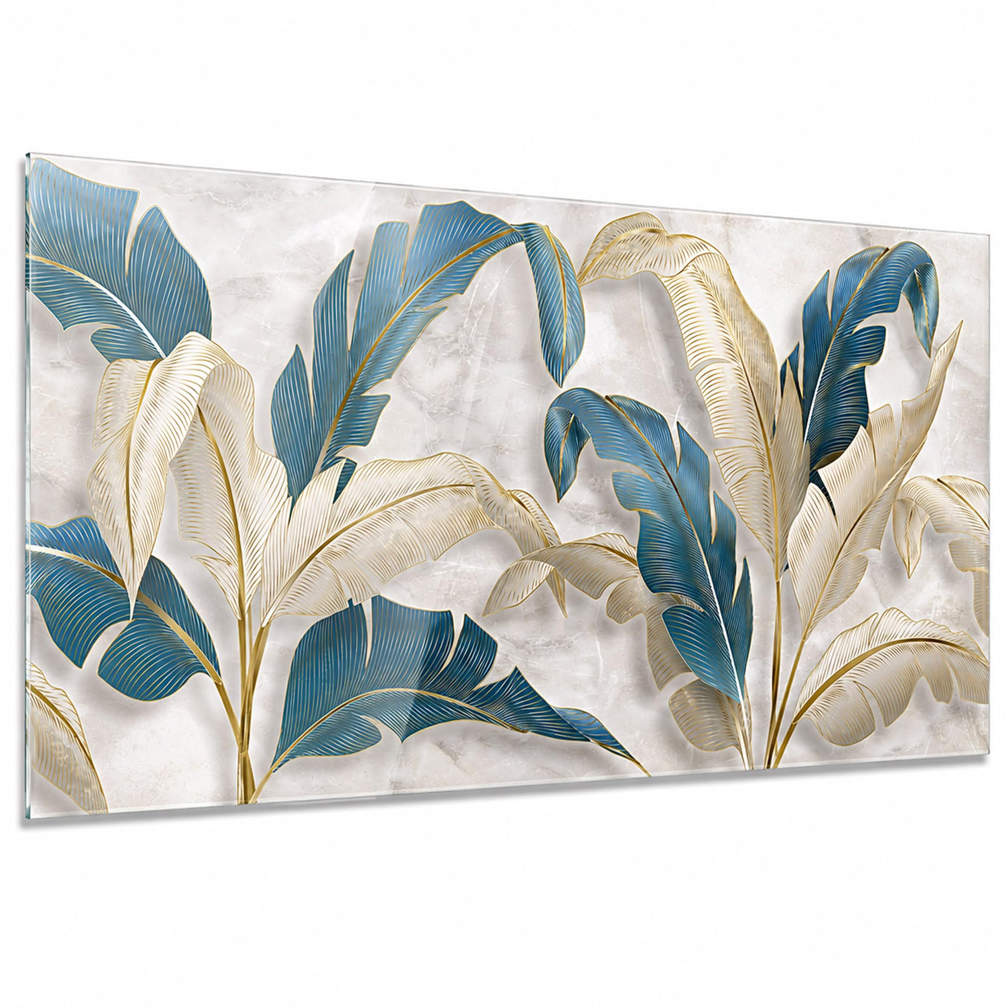 Quadro su Vetro 73x139 cm Stampe da Parete in Vetro LEAVES WHITE BLUE BEIGE