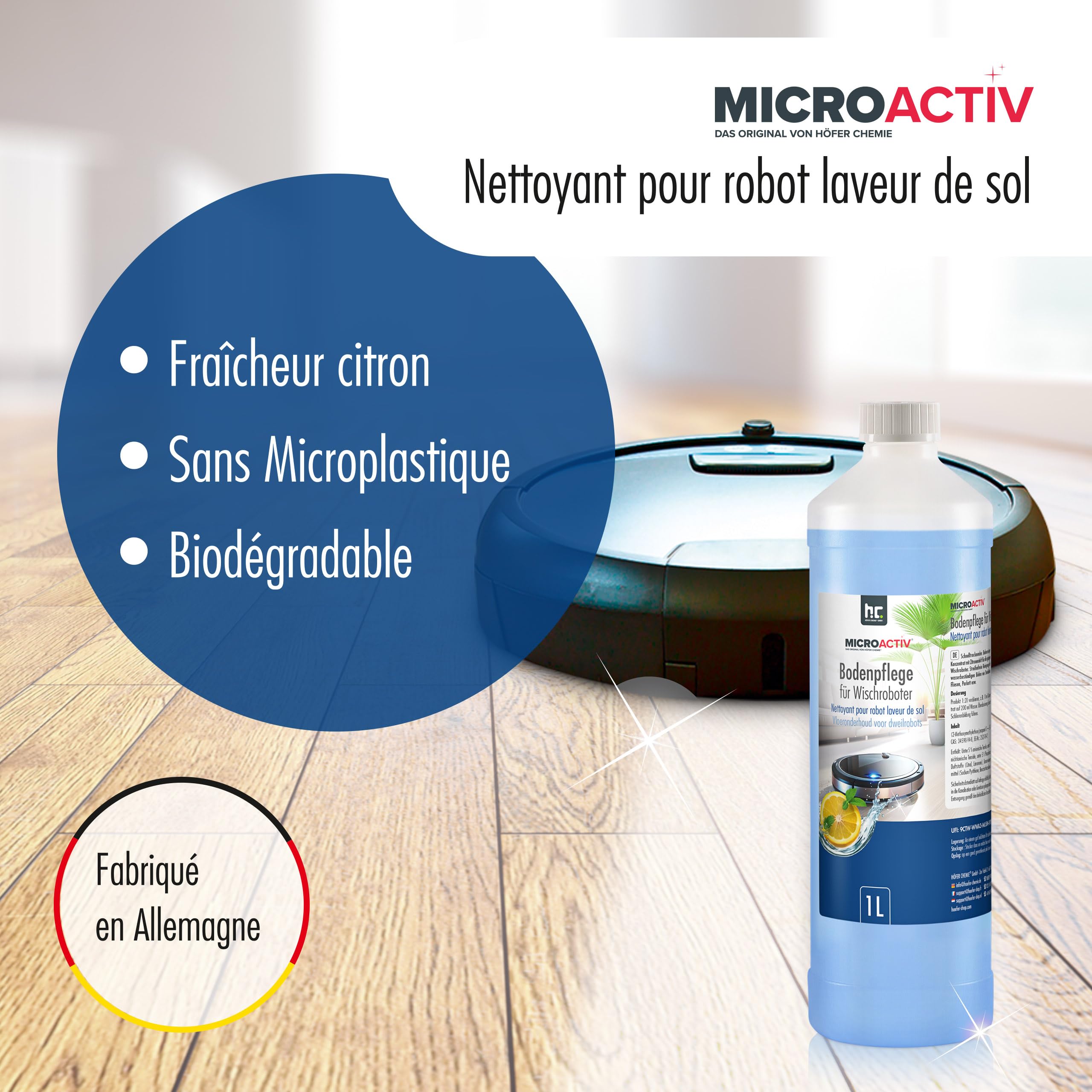 Microactiv Nettoyant Sol Concentré 3 x 1 L pour Robots Laveurs | Séchage Rapide, Antidérapant, Idéal pour Tous Types de Sols - Parfum Frais Discret - Convient Parquet, Carrelage et Stratifié