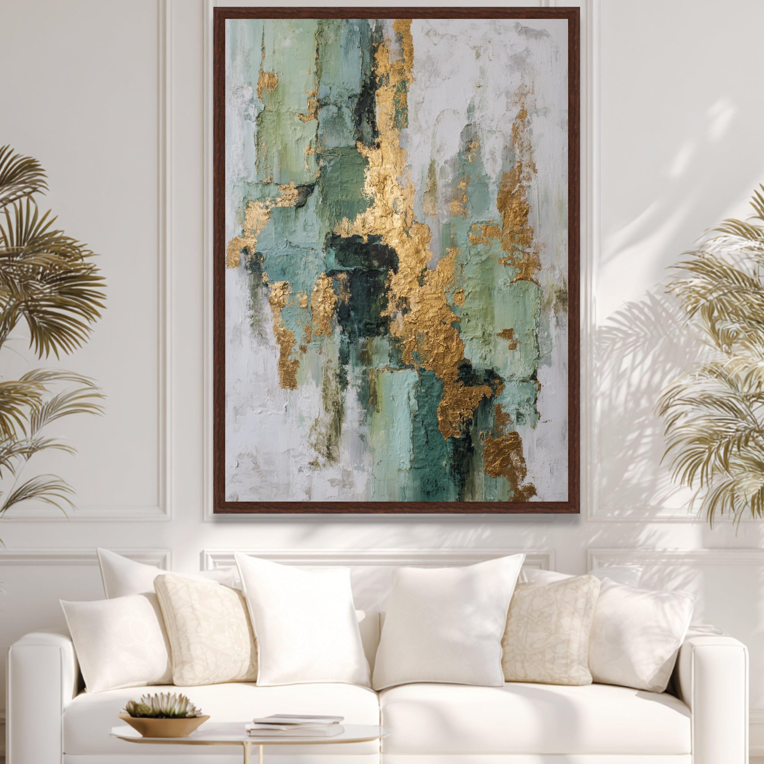 UUDEZO Cuadro abstracto verde y dorado para pared, elegante obra de arte en lienzo para sala de estar (90x110 cm (35x43 pulgadas)