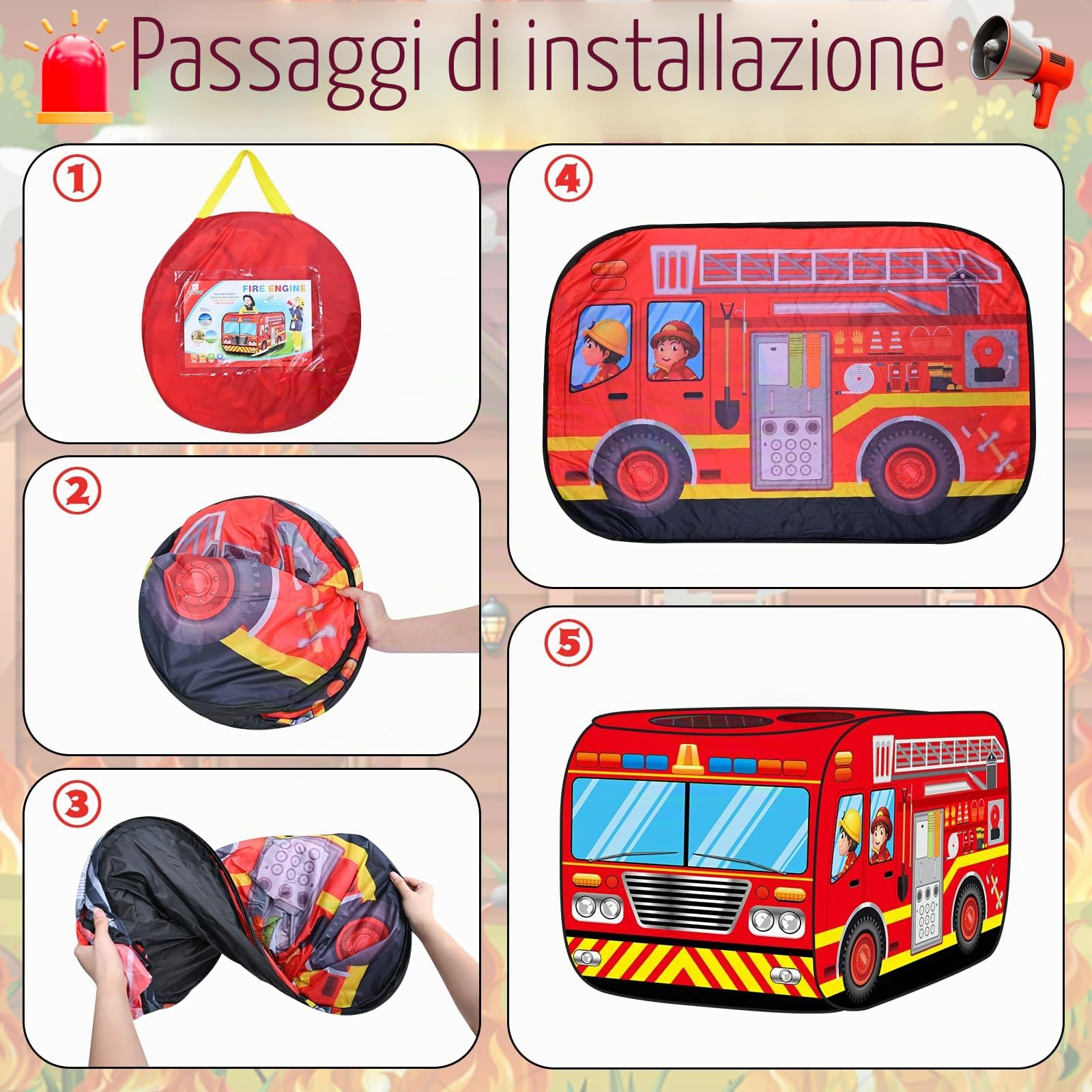 Casetta giocattolo pop-up per bambini, tenda da gioco dei vigili del fuoco, tenda da gioco pop-up pieghevole con borsa per il trasporto, giocattolo per interni ed esterni, per ragazzi e ragazze