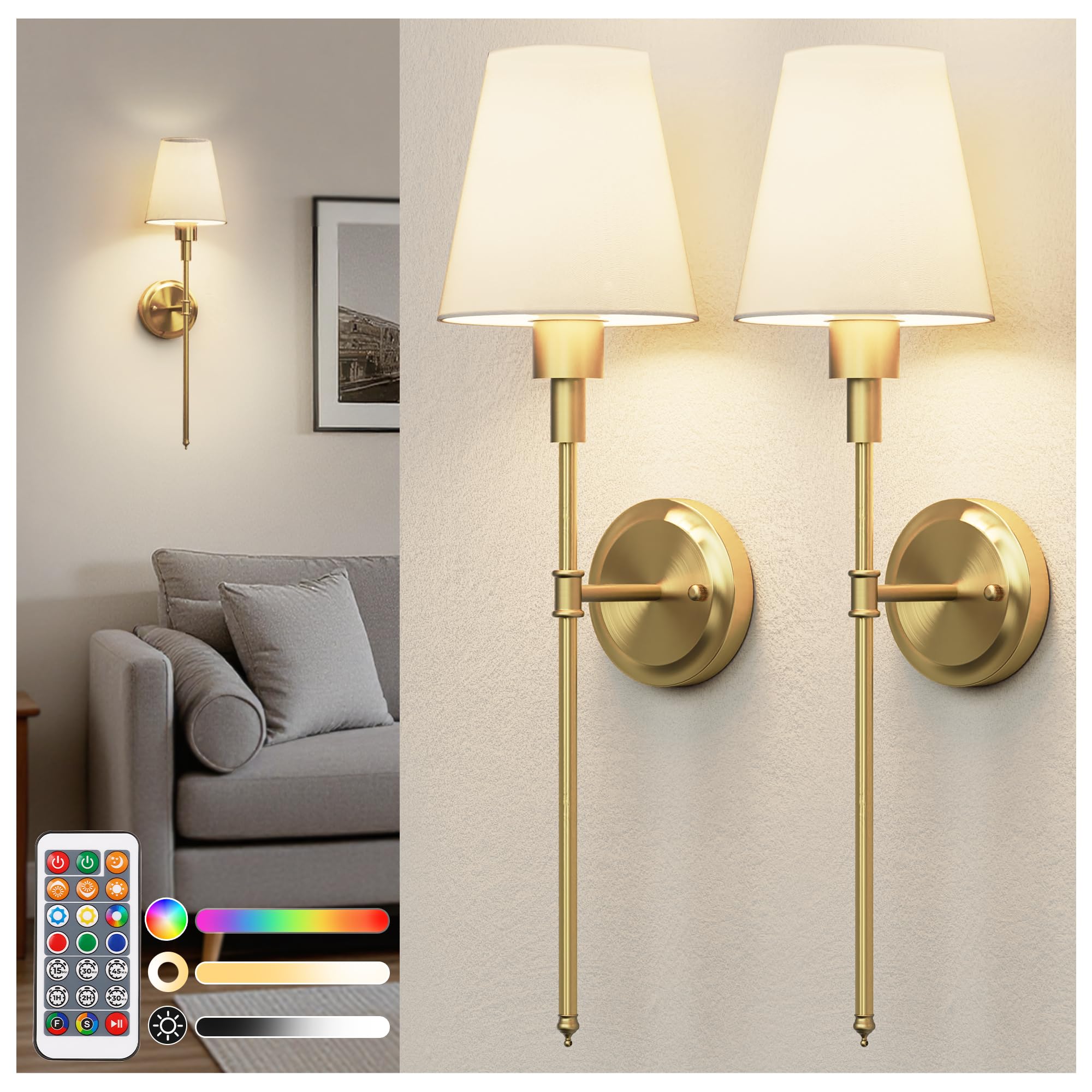 DORESshop Battery Operated Wall Sconce Set of 2, Wireless Wall Light Easy to Install, 15 Color Rechargeable Wall Sconces, Sconce Wall Decor Set of 2 for Bedroom, Living Room, Gold, 24.6in