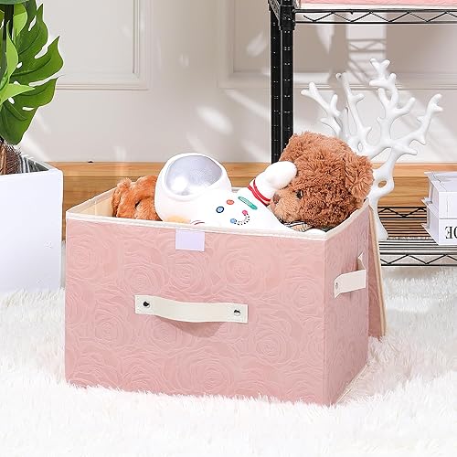 Miniatura 6 de ANMINY Contenedor de almacenamiento de tela con tapa, caja de almacenamiento con estampado de rosas con asas de piel sintética, lavable, tablero de