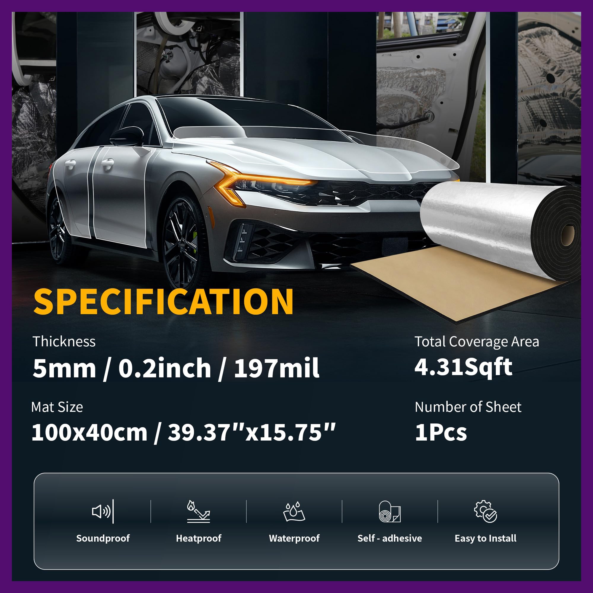 FUELHOOD 断熱マット 5mm*100cm*40cm 断熱シート 車 断熱材 吸音 防音材 車用断熱マット ドア断熱 デッドニング 防音シート アルミ フォーム シルバー 熱反射 吸音 断熱遮音材料 ガラス繊維 エンジンカバー用 内装パーツ アクセサリー