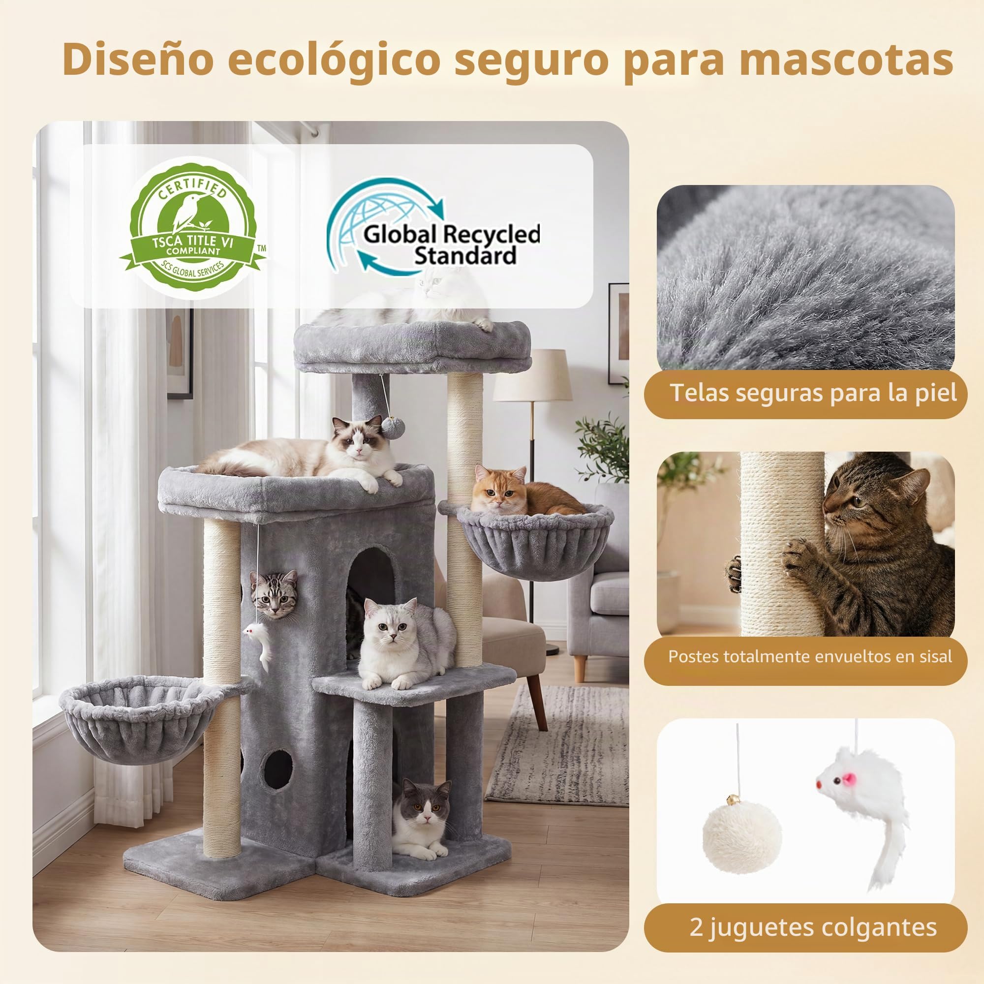 Heybly Árbol para Gatos 105 cm con 2 Plataformas y 2 Cestas Gris Claro | multinivel torre,2 plataformas,cueva doble,2 cestas,felpa suave,postes de sisal,para interiores y varios gatos HCT075W