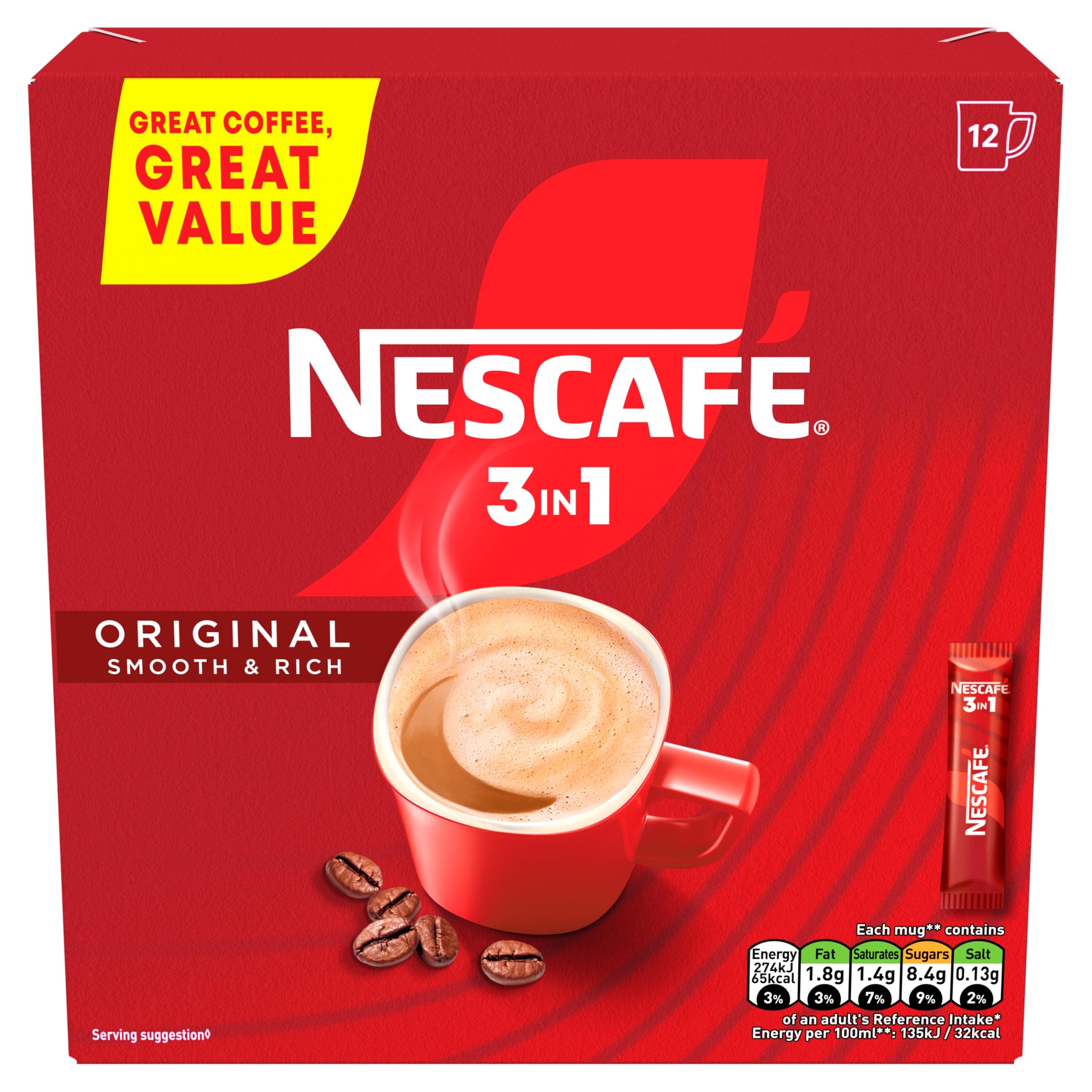 Nescafé 3in1 Original Coffee Sachets 12 x 16g | Pack of 1 | Smooth rich taste; 65 calories per mug; low fat when prepared; suitable for vegetarians