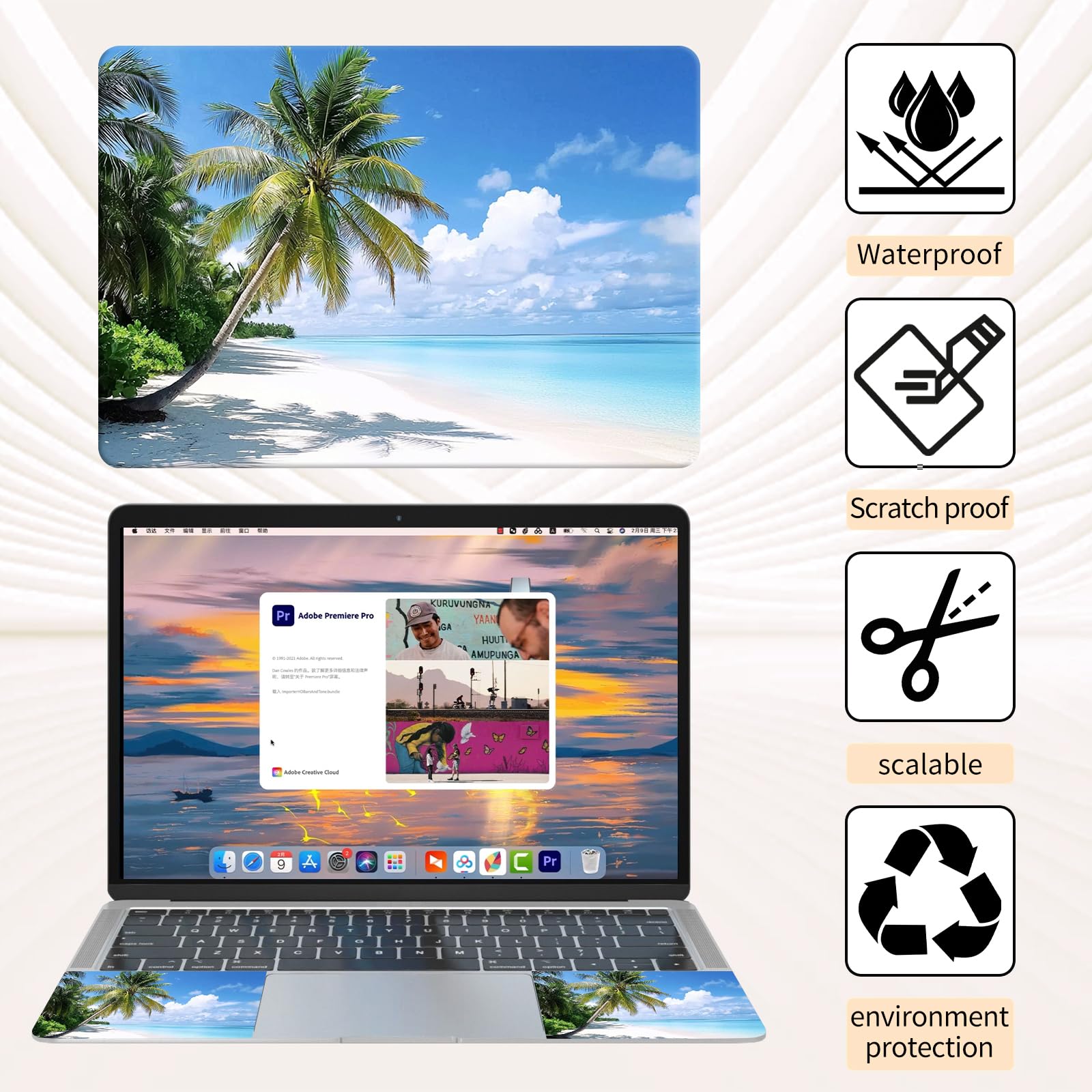 Autocollant pour ordinateur portable de 15,6", protection réutilisable en vinyle avec 2 protège-poignets, amovible, imperméable, résistant aux rayures pour ordinateur portable de 12 à 15,6