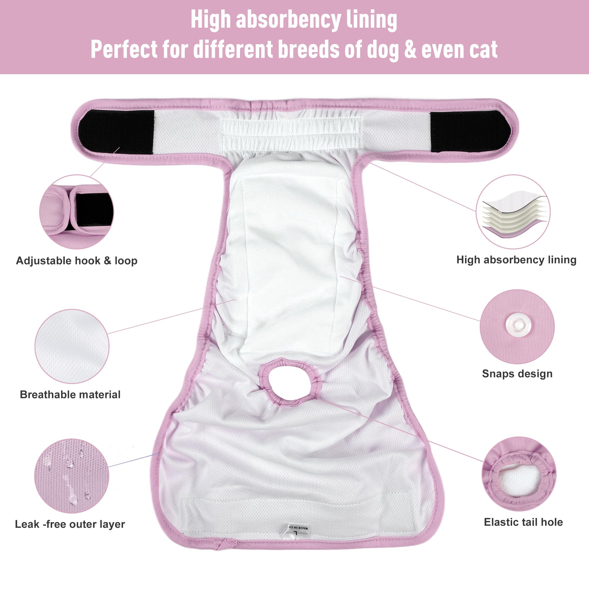 Paquete de 5 pañales lavables para perras, pañales reutilizables para perros, pañales altamente absorbentes para perros, falda ajustable a prueba de fugas para cachorros, para calor