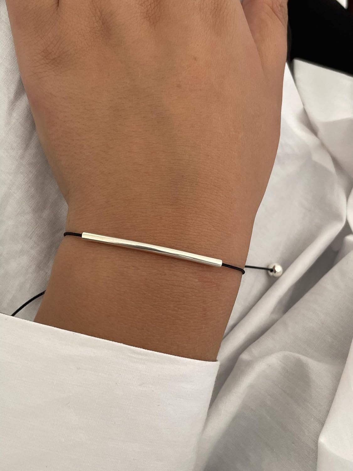 Handmade 925 Sterling Silver Minimalist Horizontal Bar Charm Bracelet for Women, Adjustable Kindred Cord, Black String, Elegant Gift - Image 3