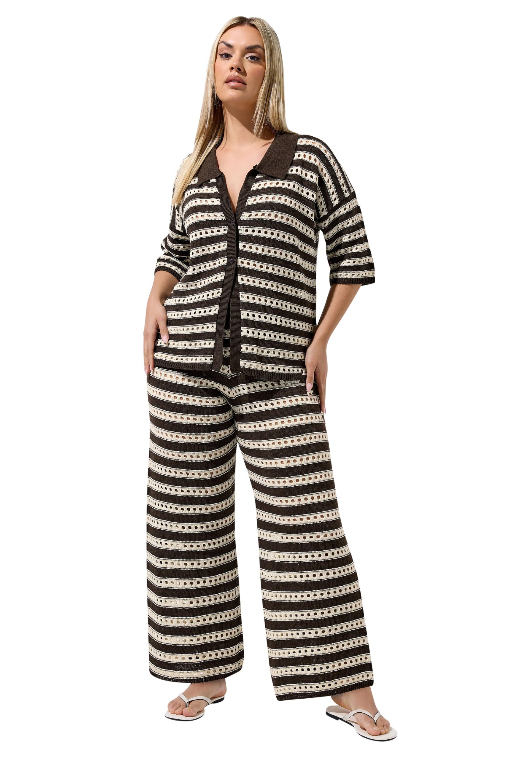 Yours Women's Chocolate Stripe Knitted Wide Leg Trousers In | Size: 22/24
