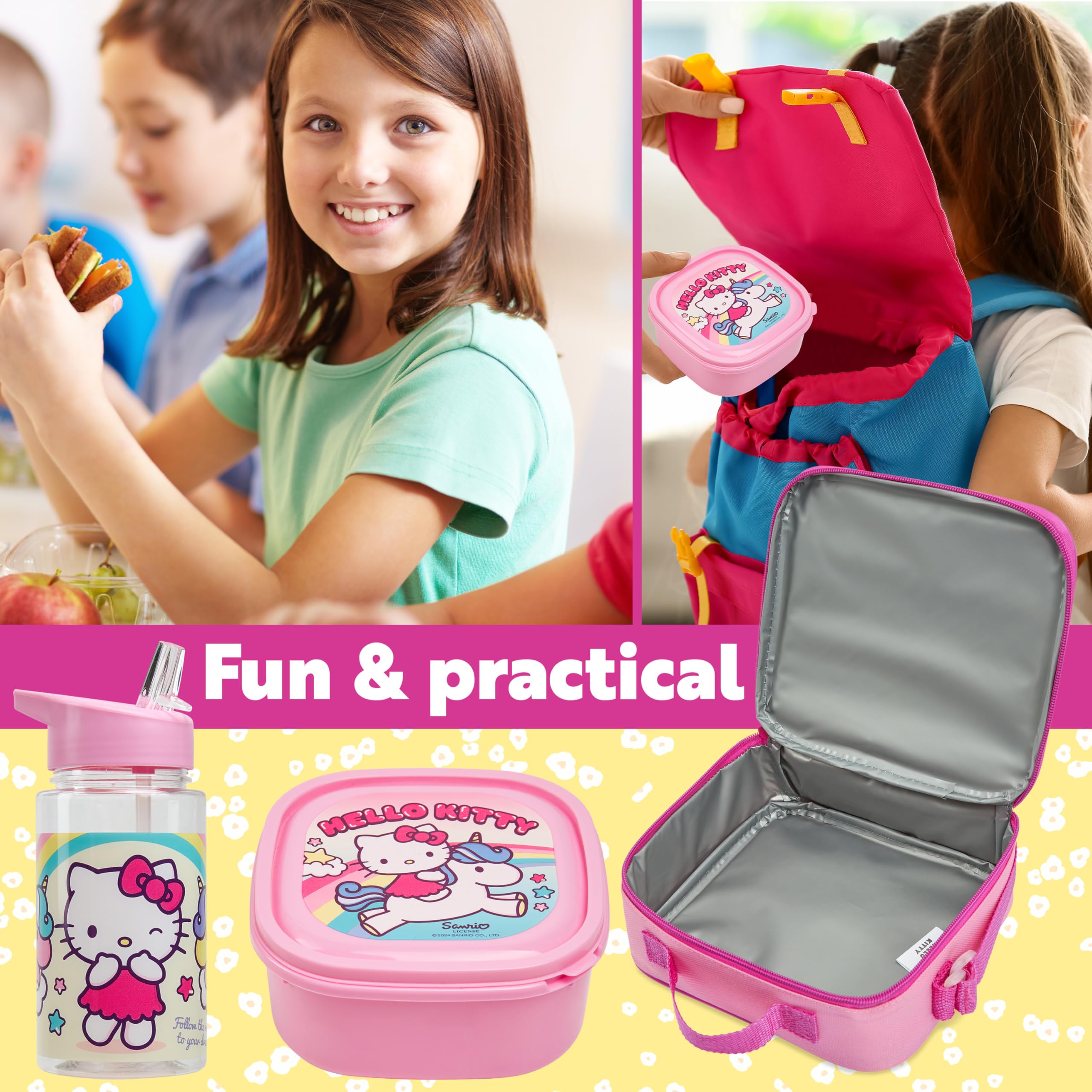 Get Trend Hello Kitty Borsa Porta Pranzo Bambini Set 3 Pz con Senza BPA Porta Merenda 400ml Borraccia Borsa Termica Viaggio Picnic Scuola (Hello Kitty)